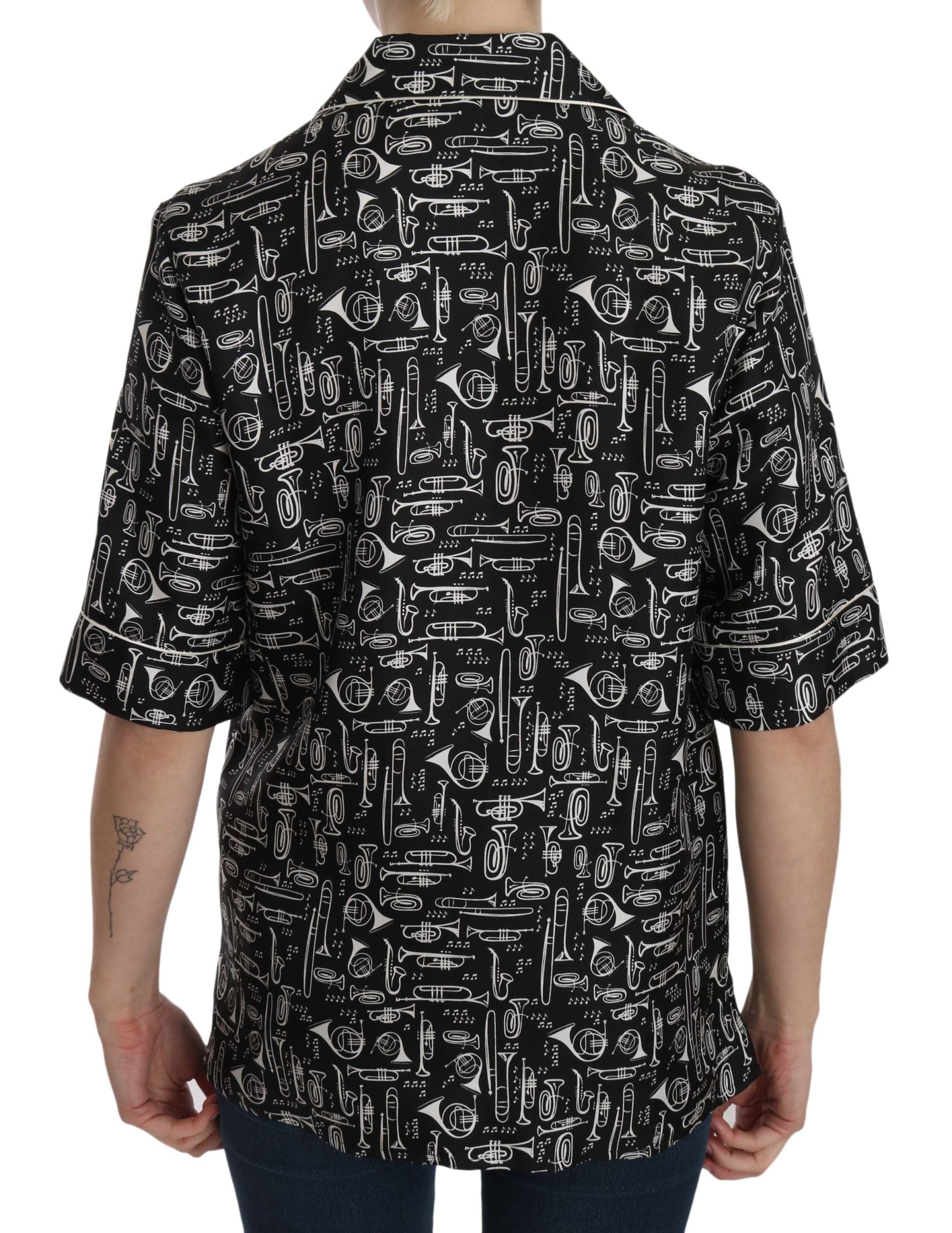 Dolce &amp; Gabbana black silk top with musical instrument print