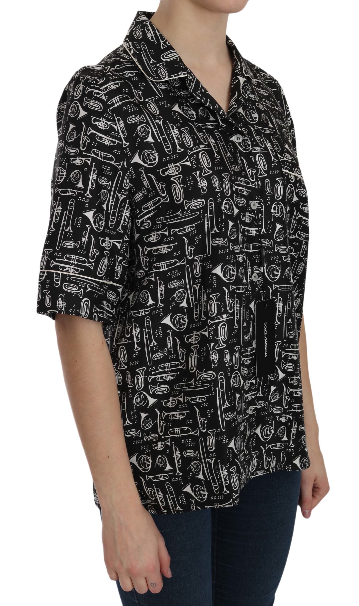 Dolce &amp; Gabbana black silk top with musical instrument print