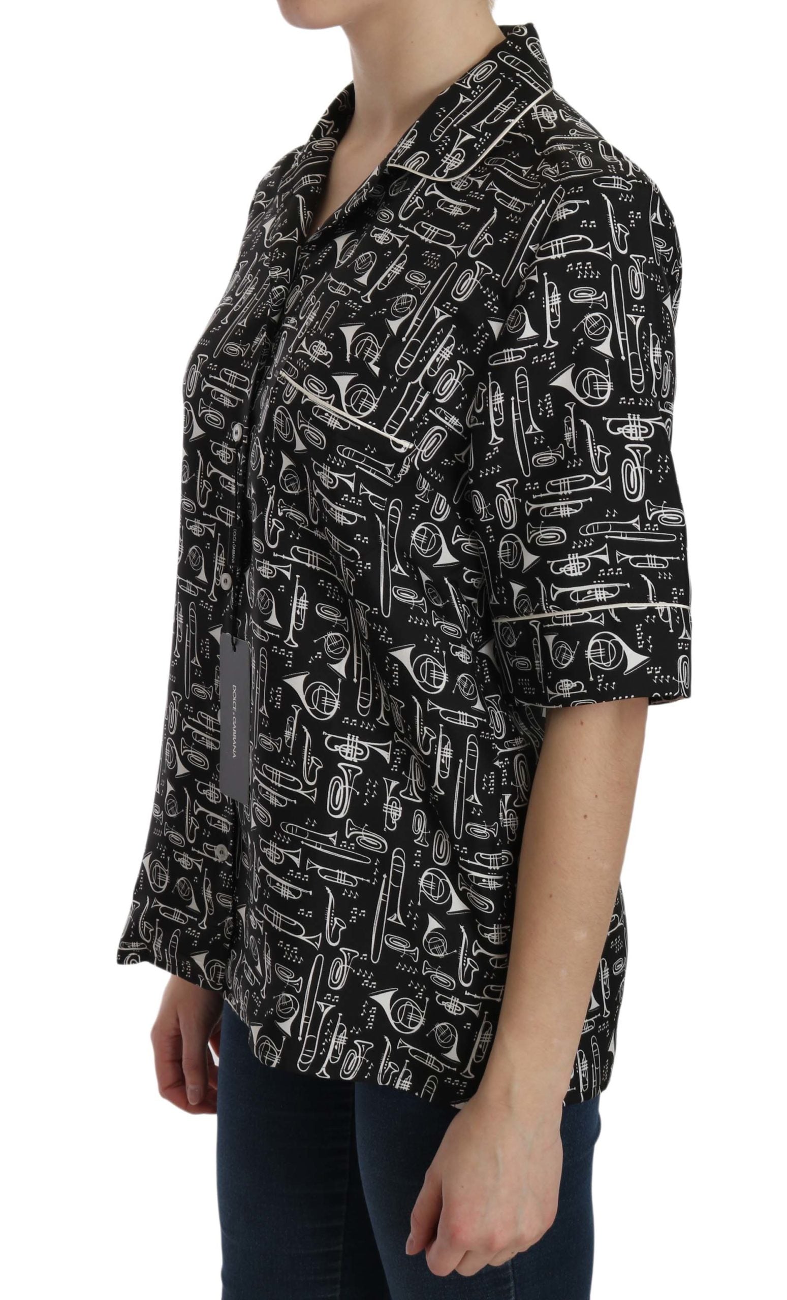 Dolce &amp; Gabbana black silk top with musical instrument print