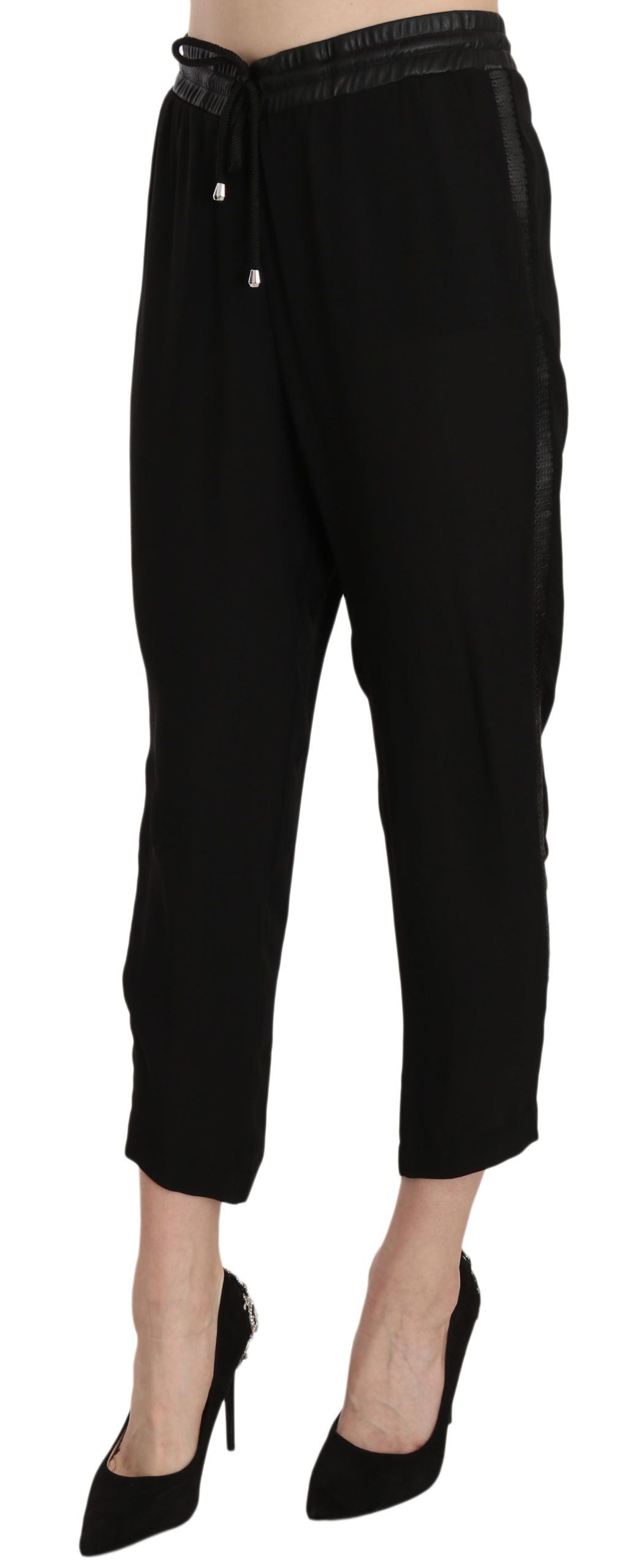Guess Black polyester high-waisted cropped trousers