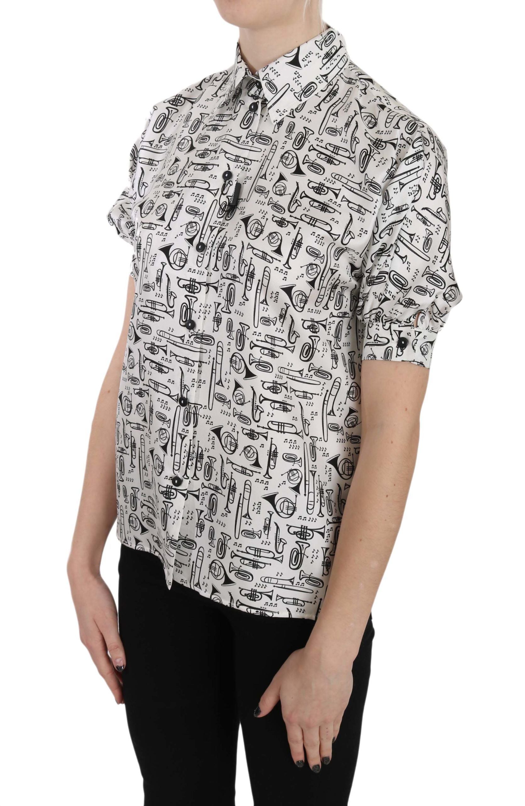 Dolce &amp; Gabbana trumpet print button-front silk top blouse