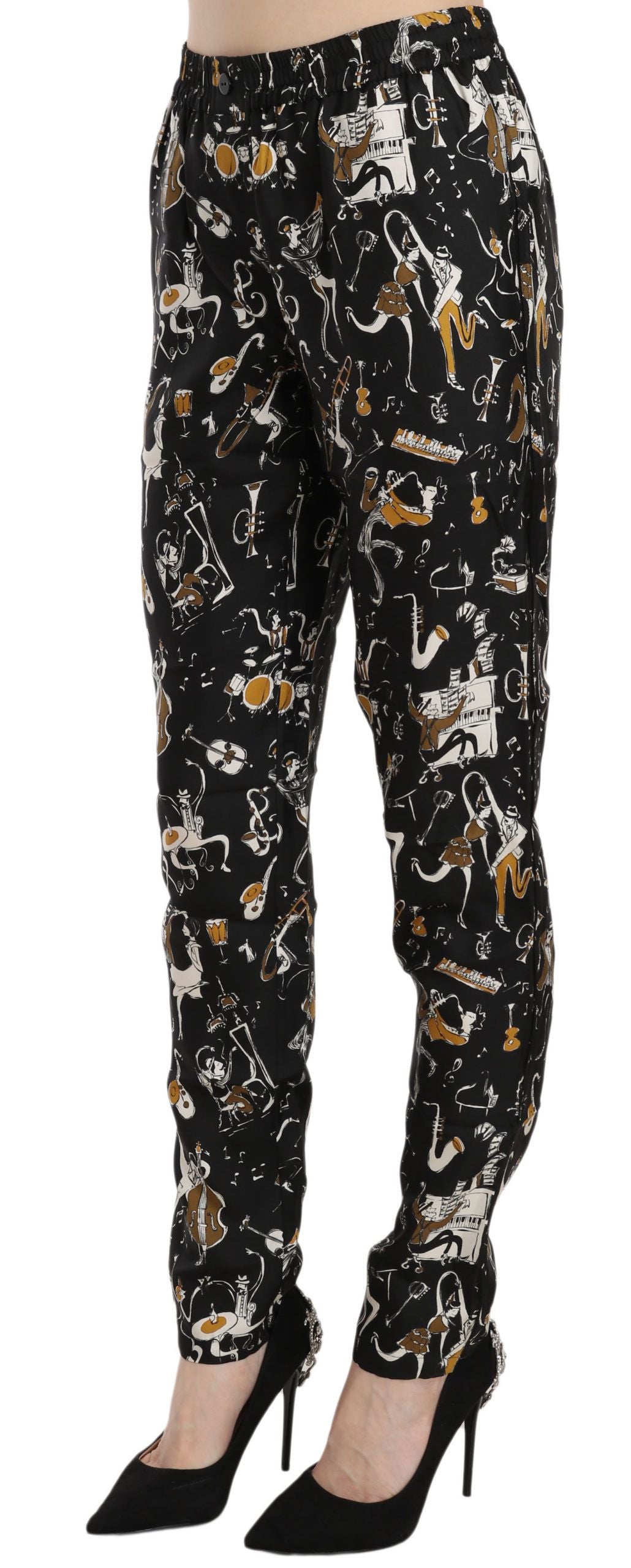 Dolce & Gabbana Schwarze Jazz Club Print Tapered Pants mit hoher Taille