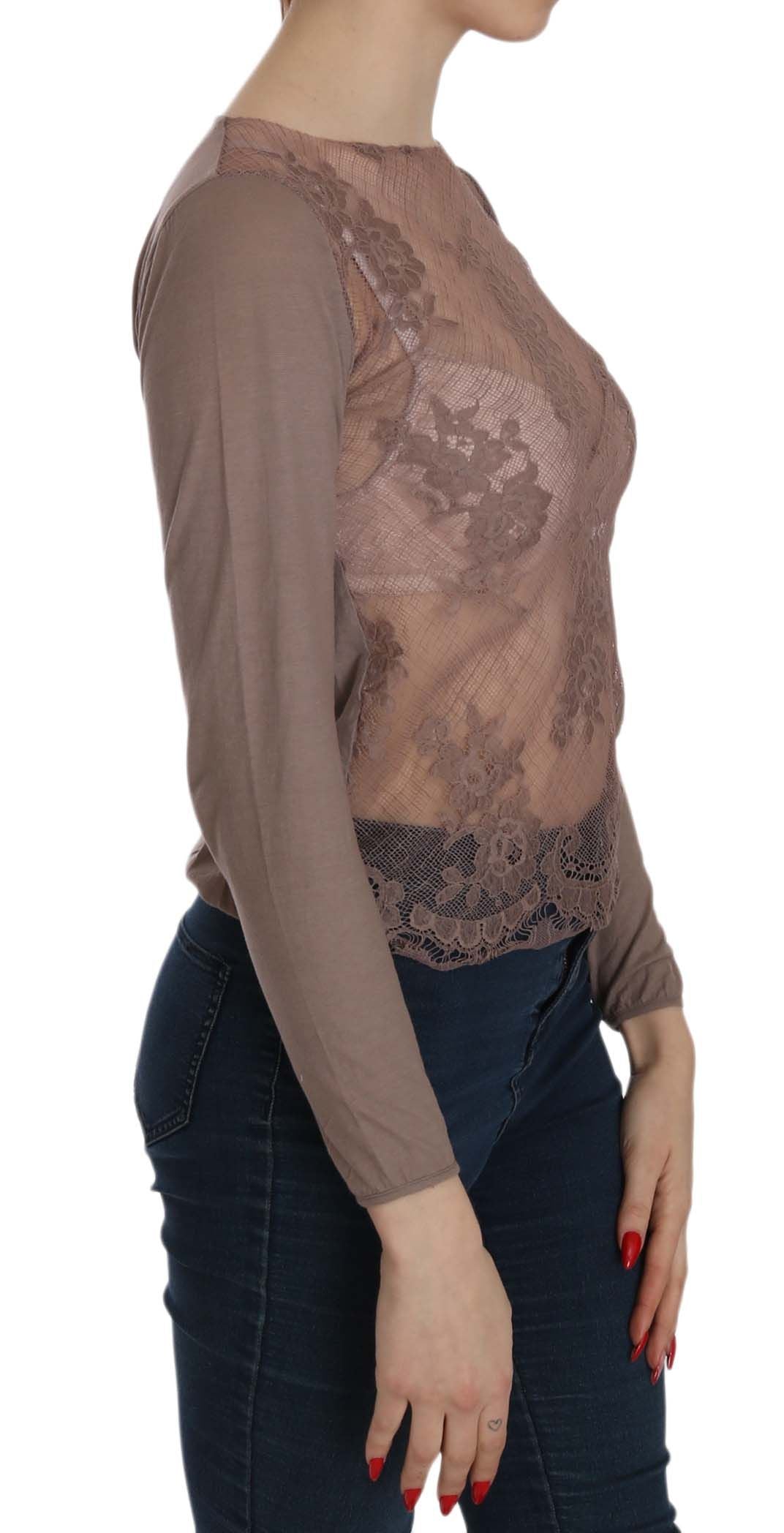 PINK MEMORIES Brown long-sleeved top with sheer lace