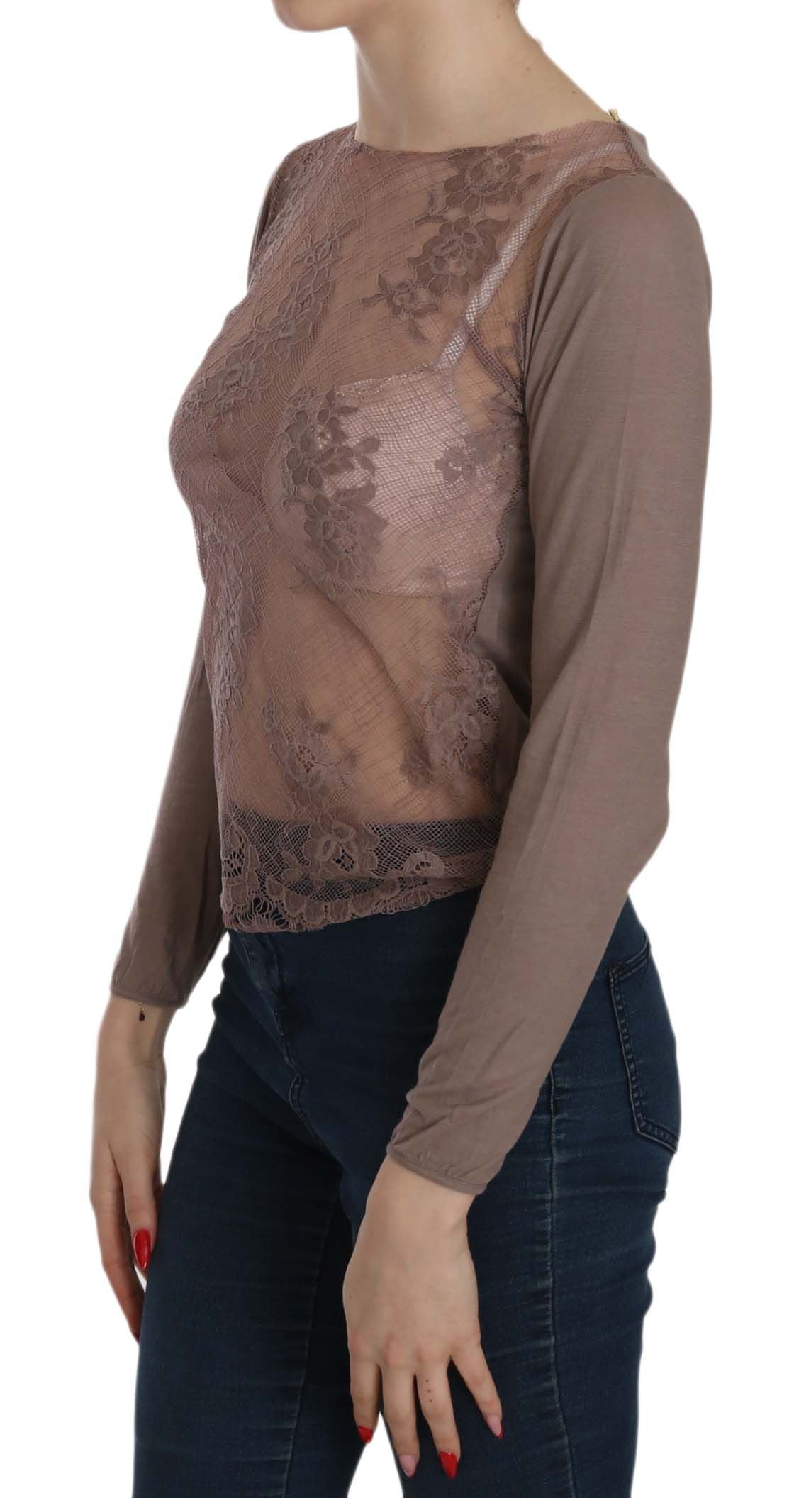 PINK MEMORIES Brown long-sleeved top with sheer lace