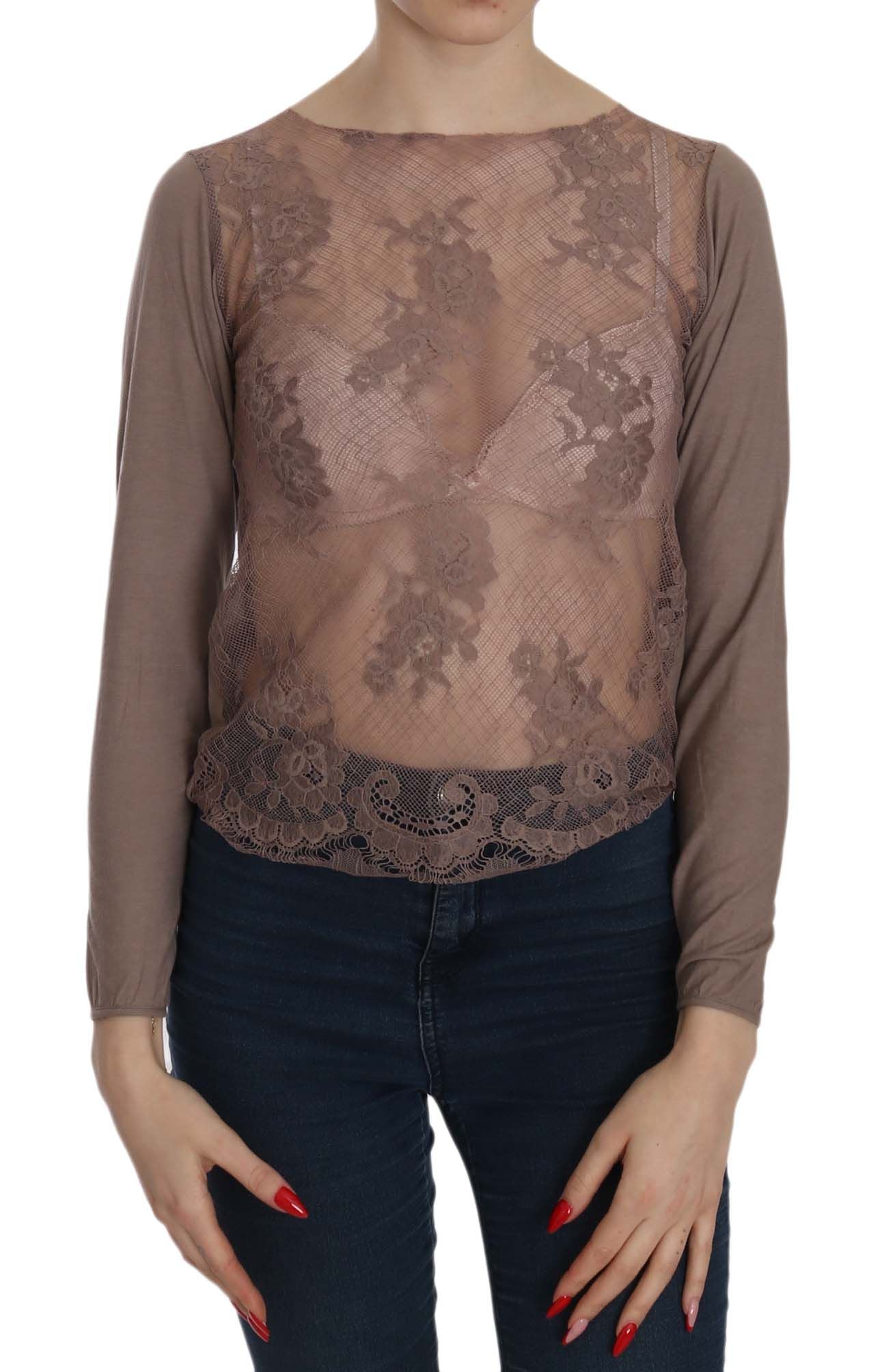 PINK MEMORIES Brown long-sleeved top with sheer lace