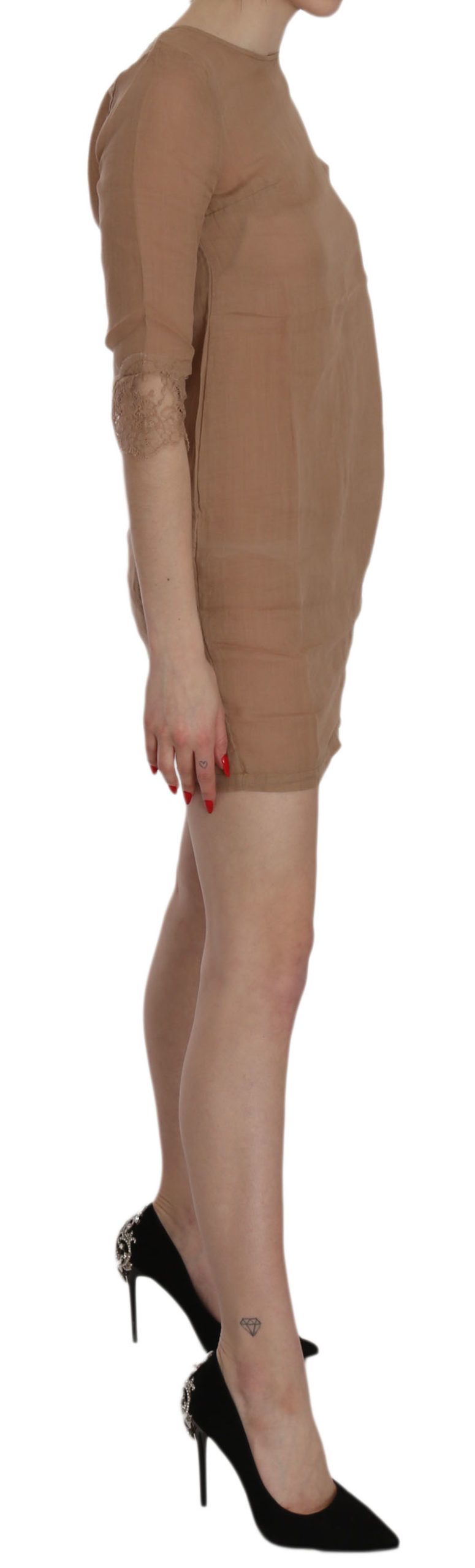 PEMBE HATIRALAR Yuvarlak yakalı kahverengi 3/4 kollu mini elbise