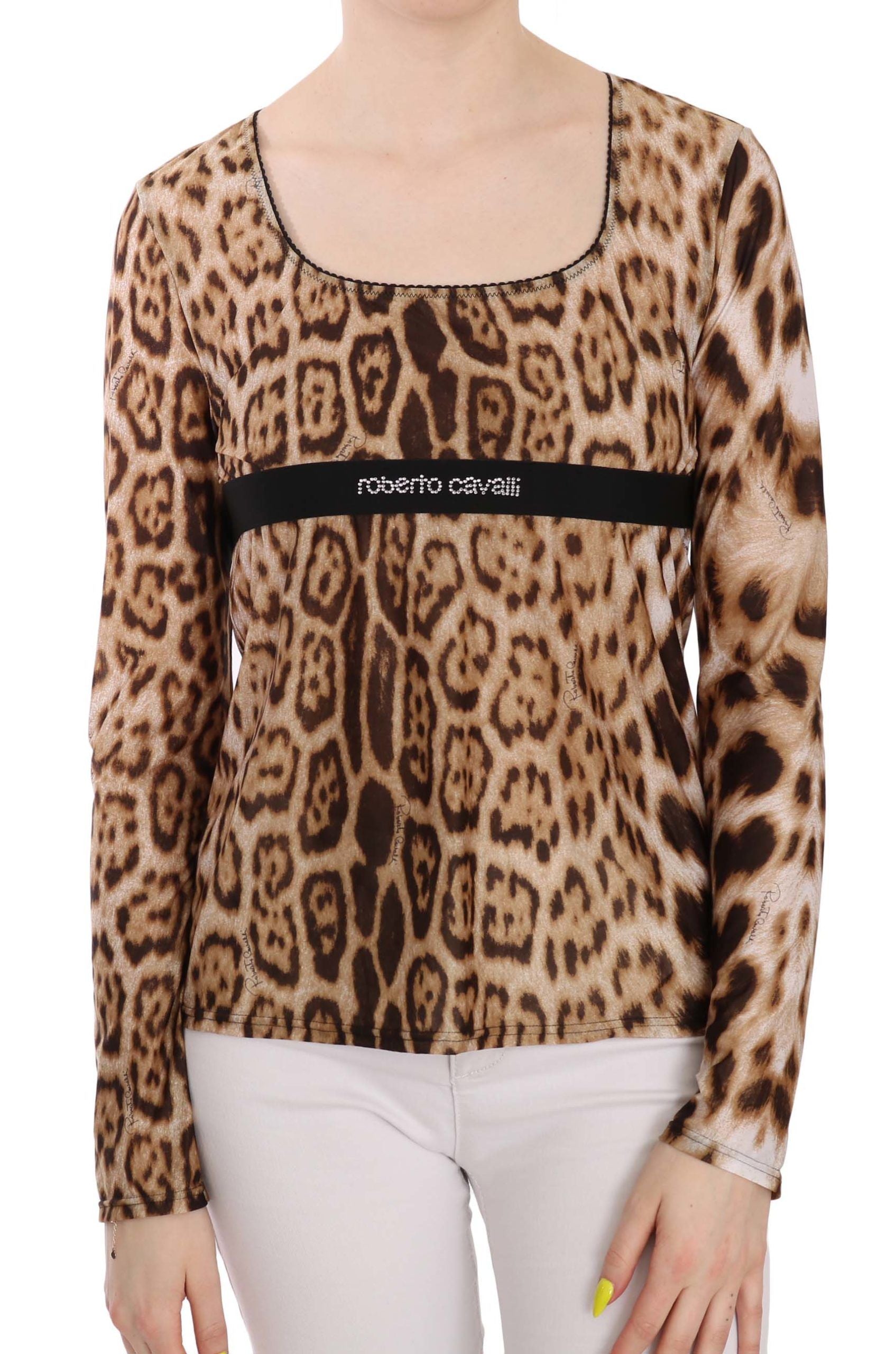 Roberto Cavalli Brown Round Neck Leopard Women's Top Blouse