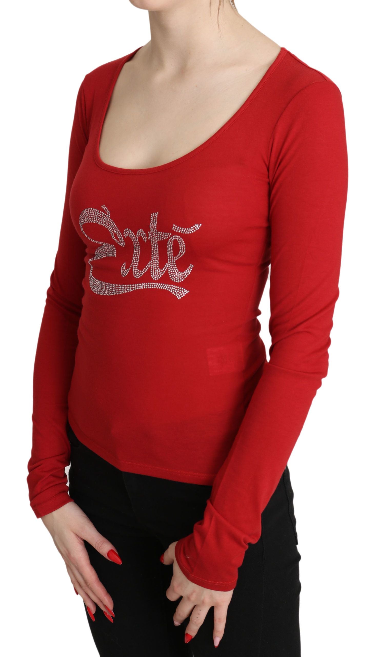 Rotes Exte Kristallverziertes Langarmtop Bluse