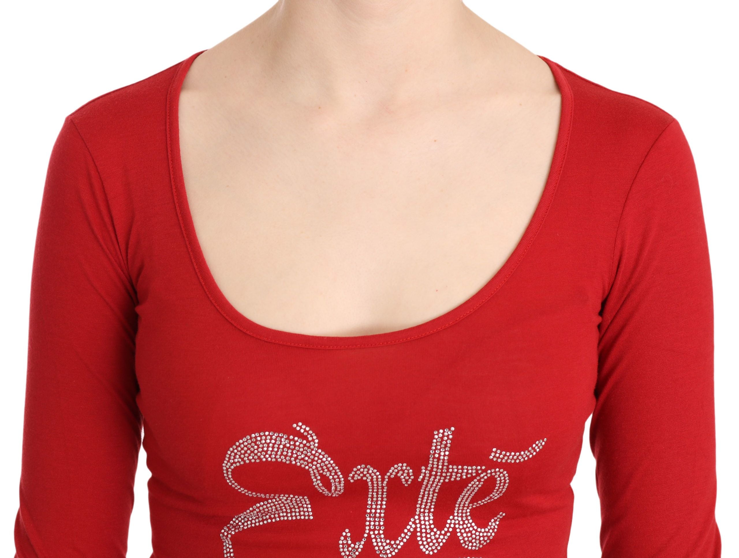 Rotes Exte Kristallverziertes Langarmtop Bluse