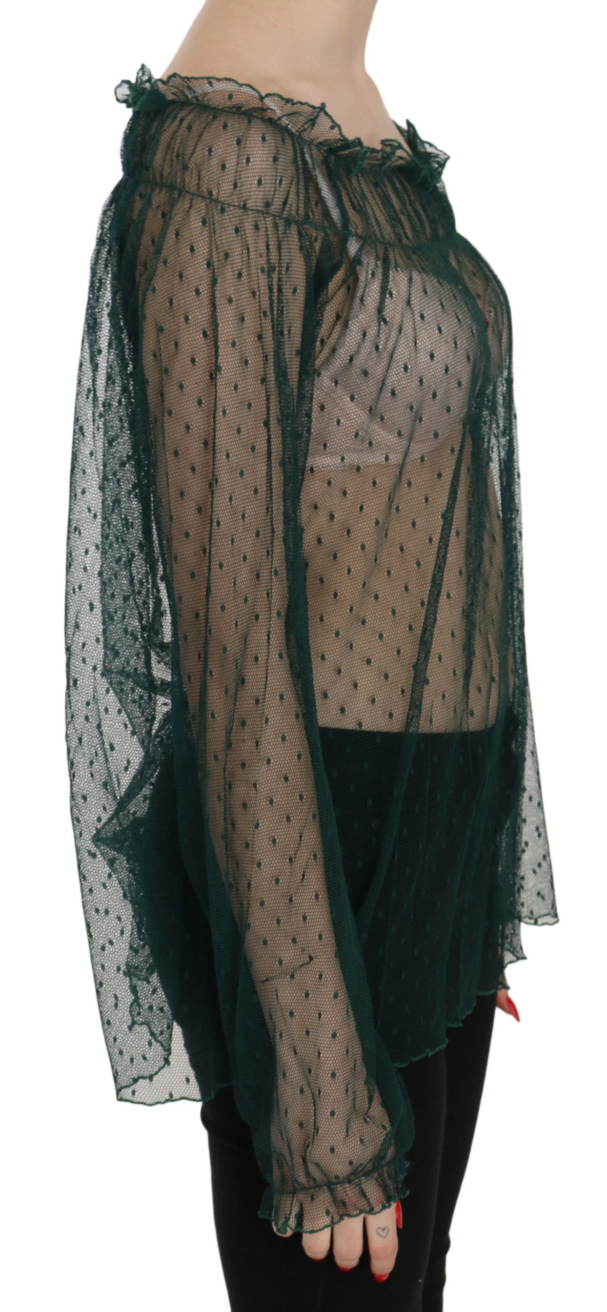 PINK MEMORIES Green Mesh See-Through Long Sleeve Top Blouse