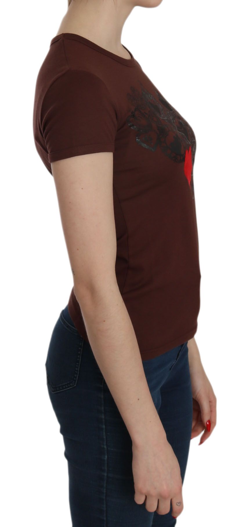 Exte Braunes Herz Print Rundhals-T-Shirt Kurzarm-Bluse