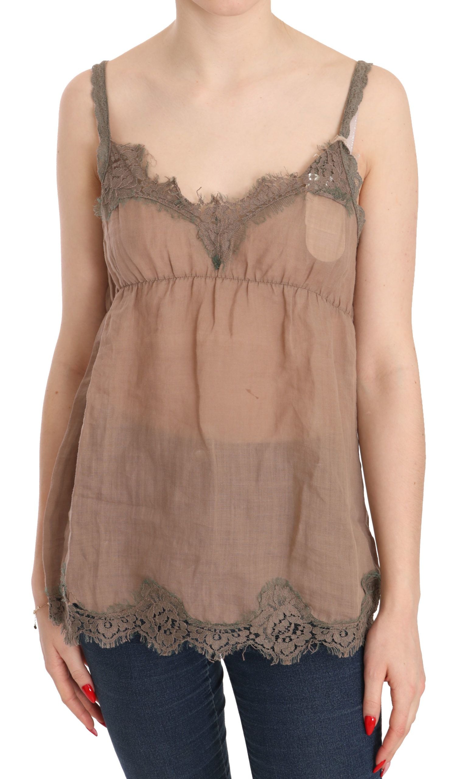 PINK MEMORIES Brown Lace Spaghetti Strap Top with Plunge Neck Blouse