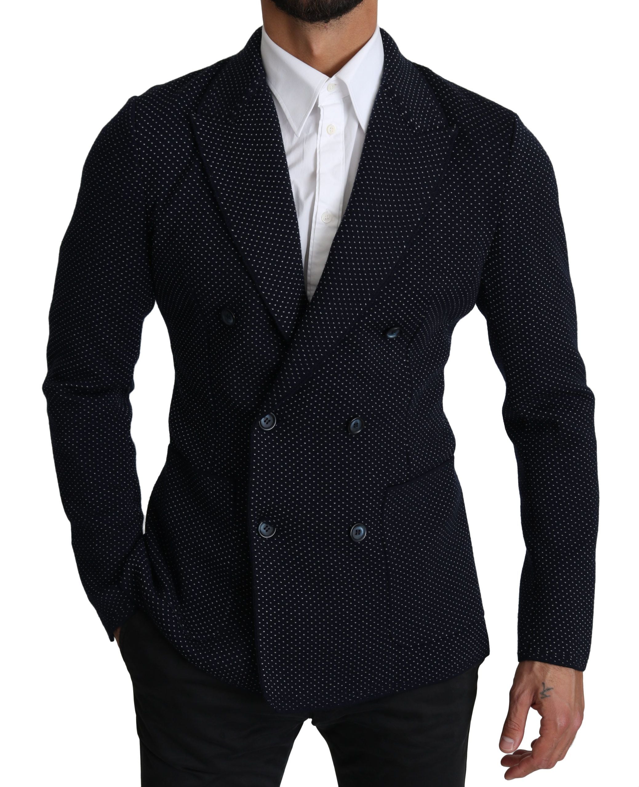 Dolce & Gabbana Dunkelblauer gepunkteter zweireihiger Mantel Blazer