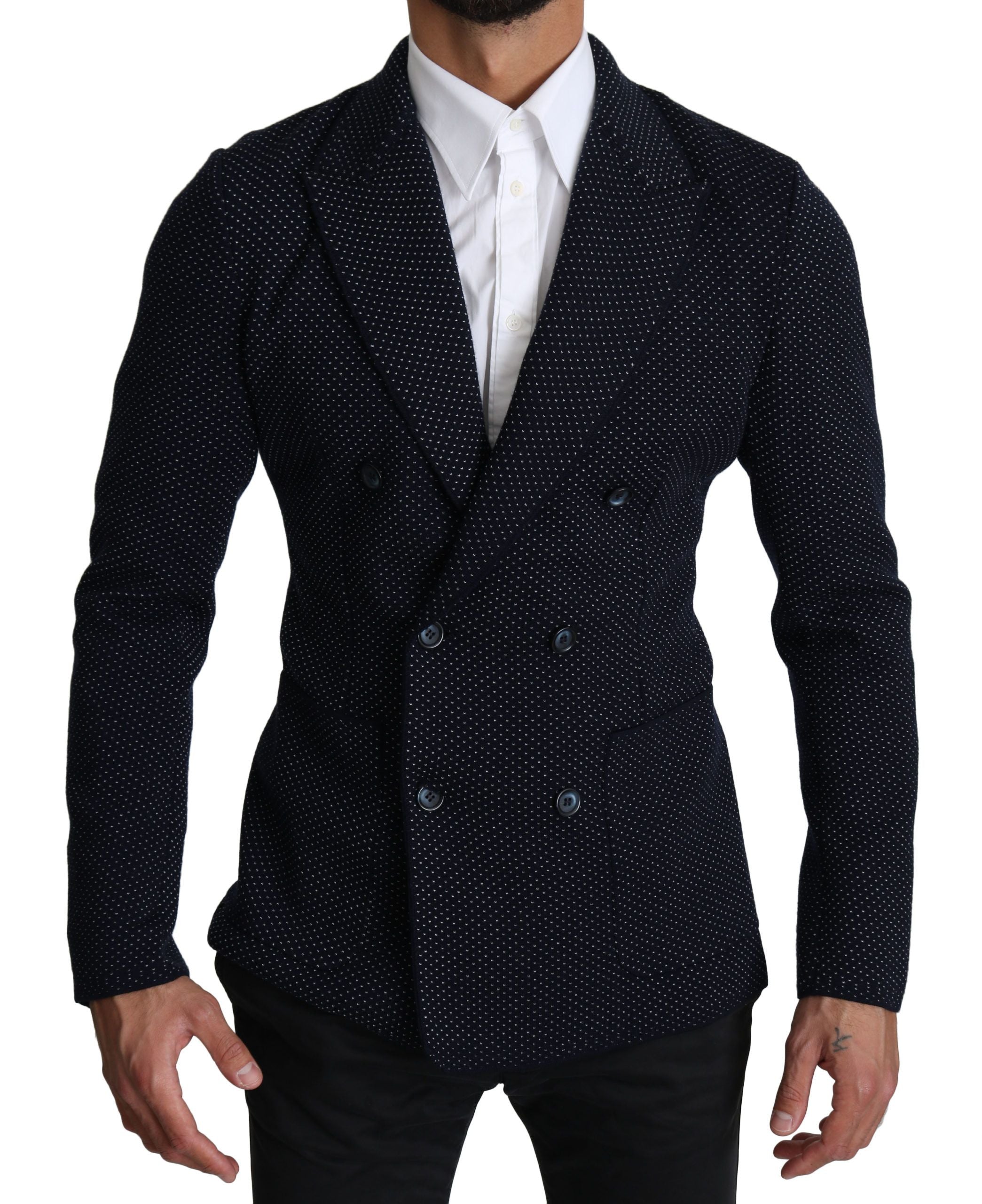 Dolce & Gabbana Dunkelblauer gepunkteter zweireihiger Mantel Blazer