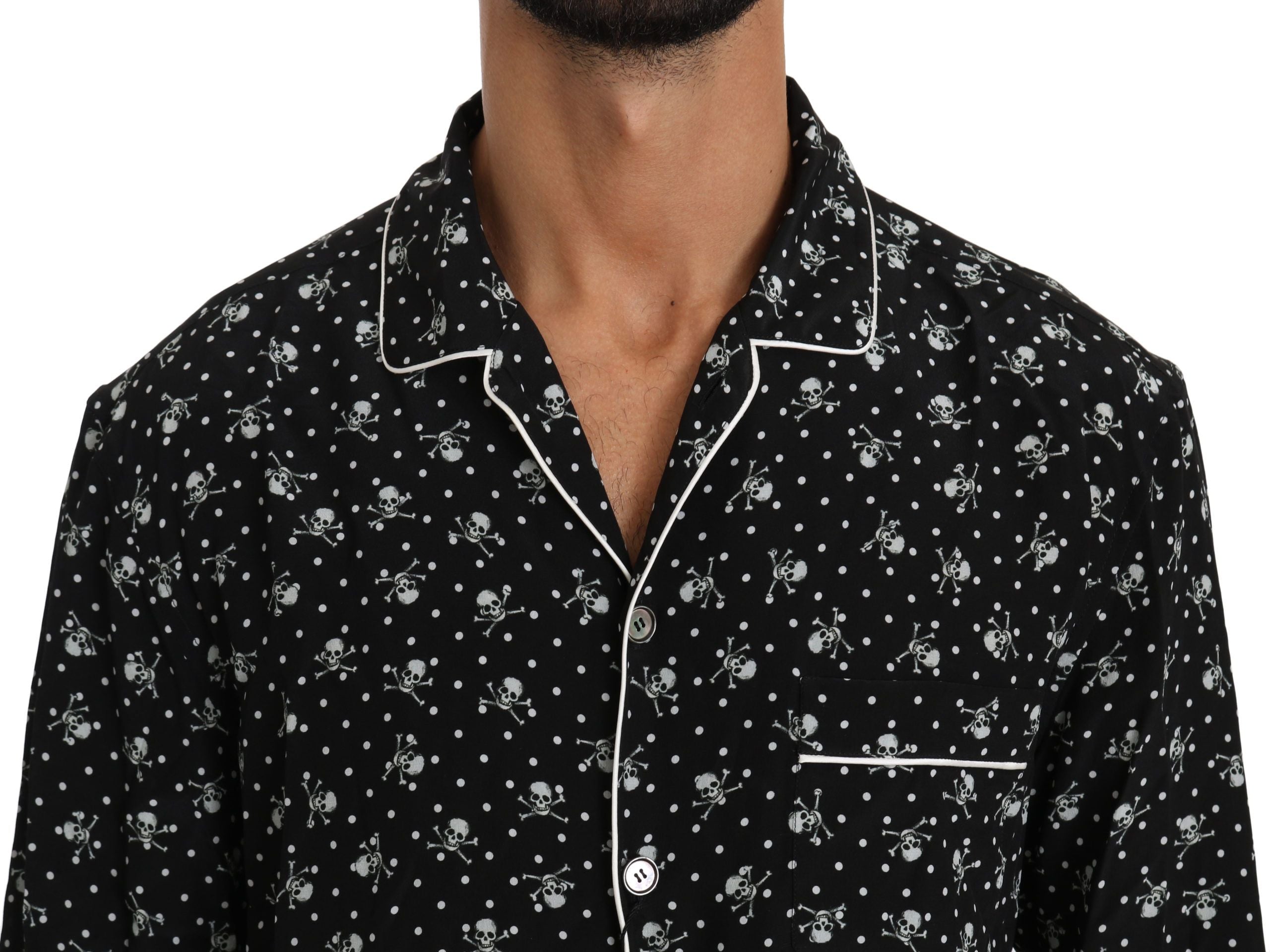 Dolce &amp; Gabbana Black Skull Print Silk Pyjama Shirt
