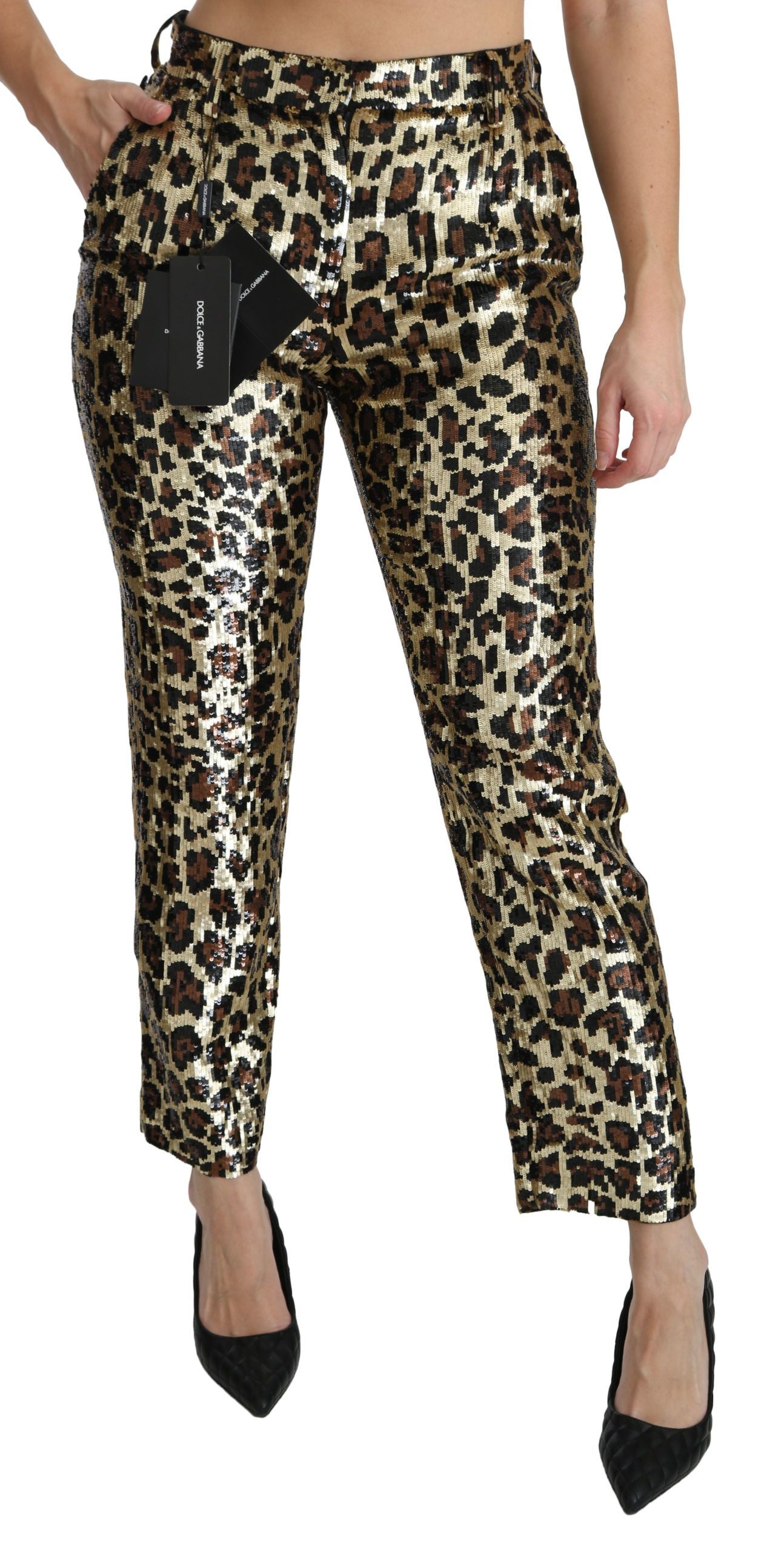 Dolce & Gabbana Braune Leoparden-Pailletten-Hose mit hoher Taille