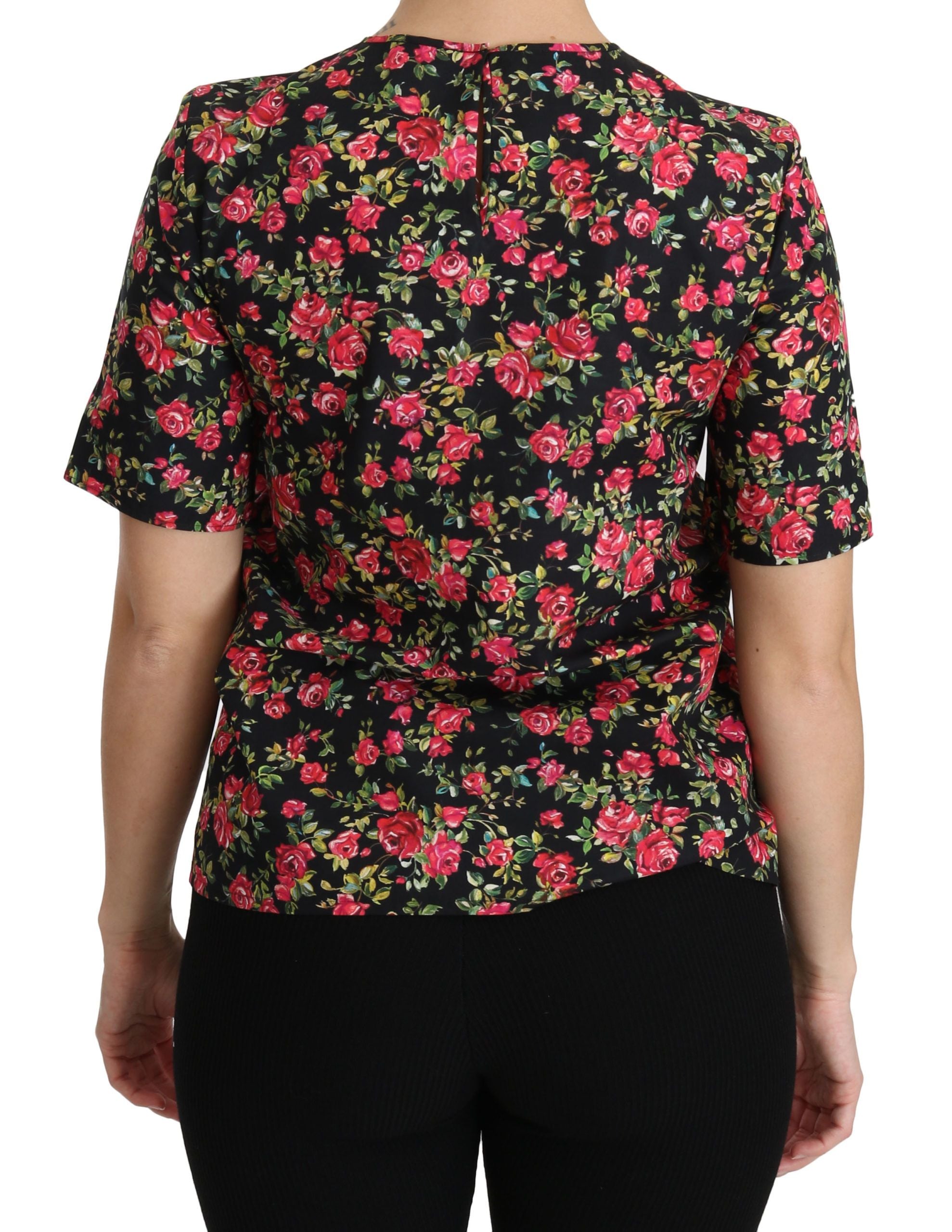 Dolce & Gabbana Schwarzes geblümtes Rosen-Top mit kurzen Ärmeln Bluse