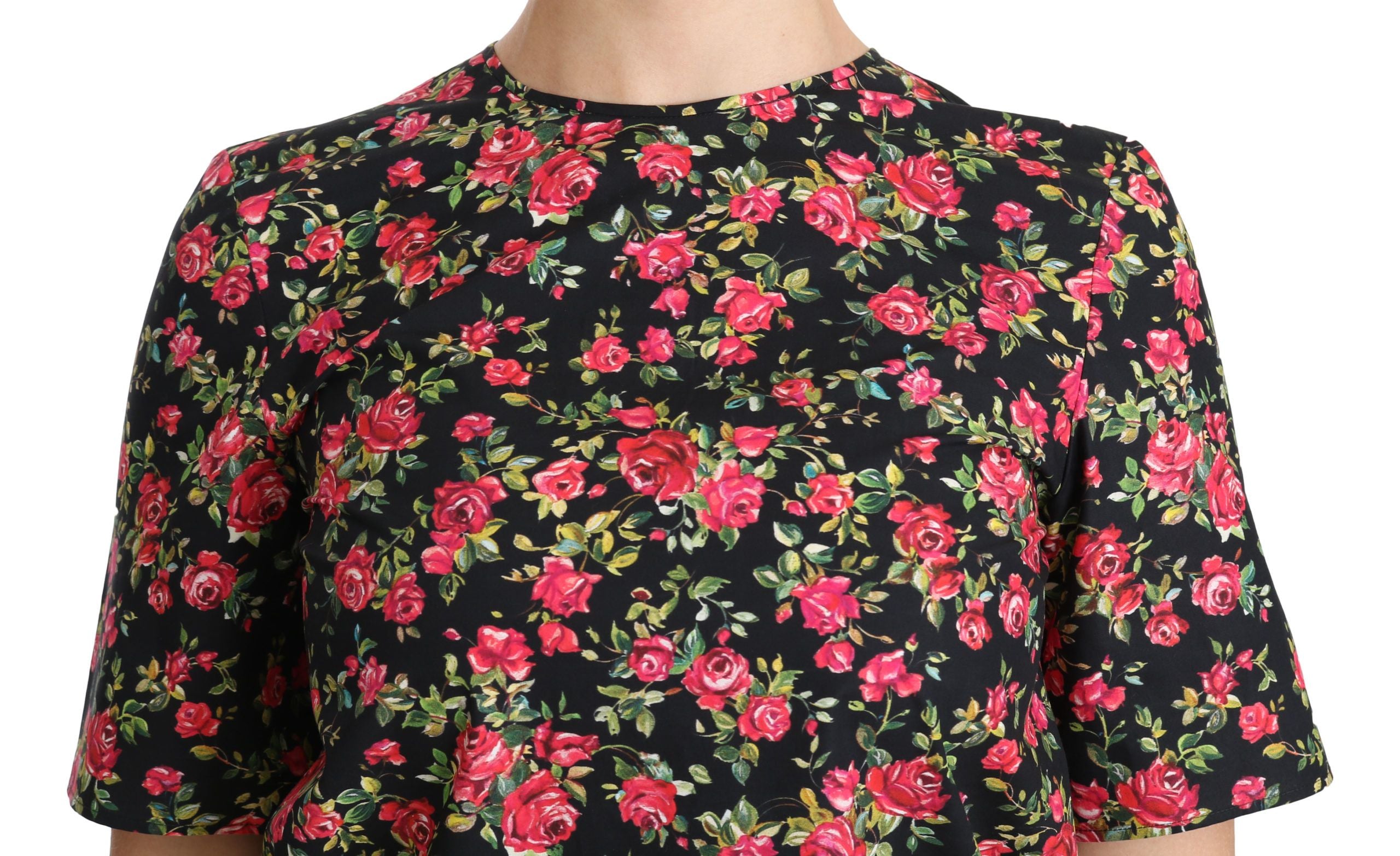 Dolce & Gabbana Schwarzes geblümtes Rosen-Top mit kurzen Ärmeln Bluse