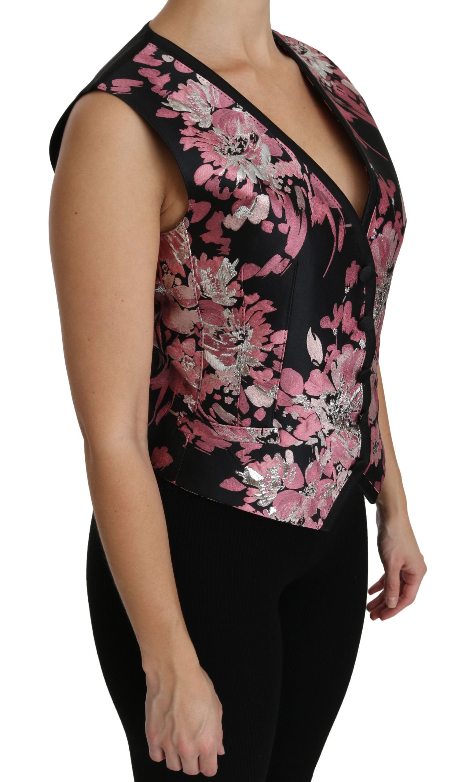 Dolce &amp; Gabbana Black Pink Floral Vest Waistcoat Blouse Top