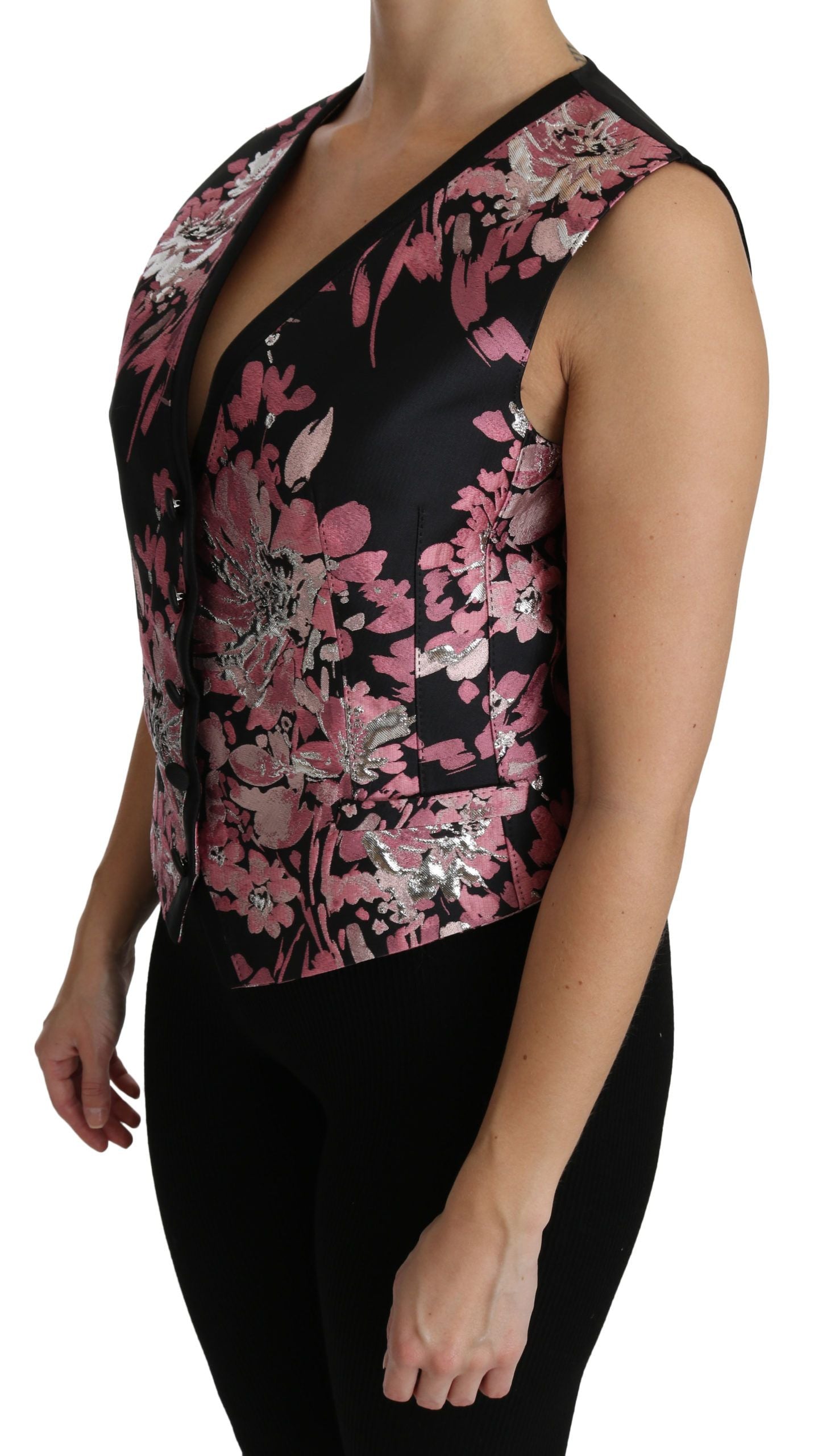 Dolce &amp; Gabbana Black Pink Floral Vest Waistcoat Blouse Top