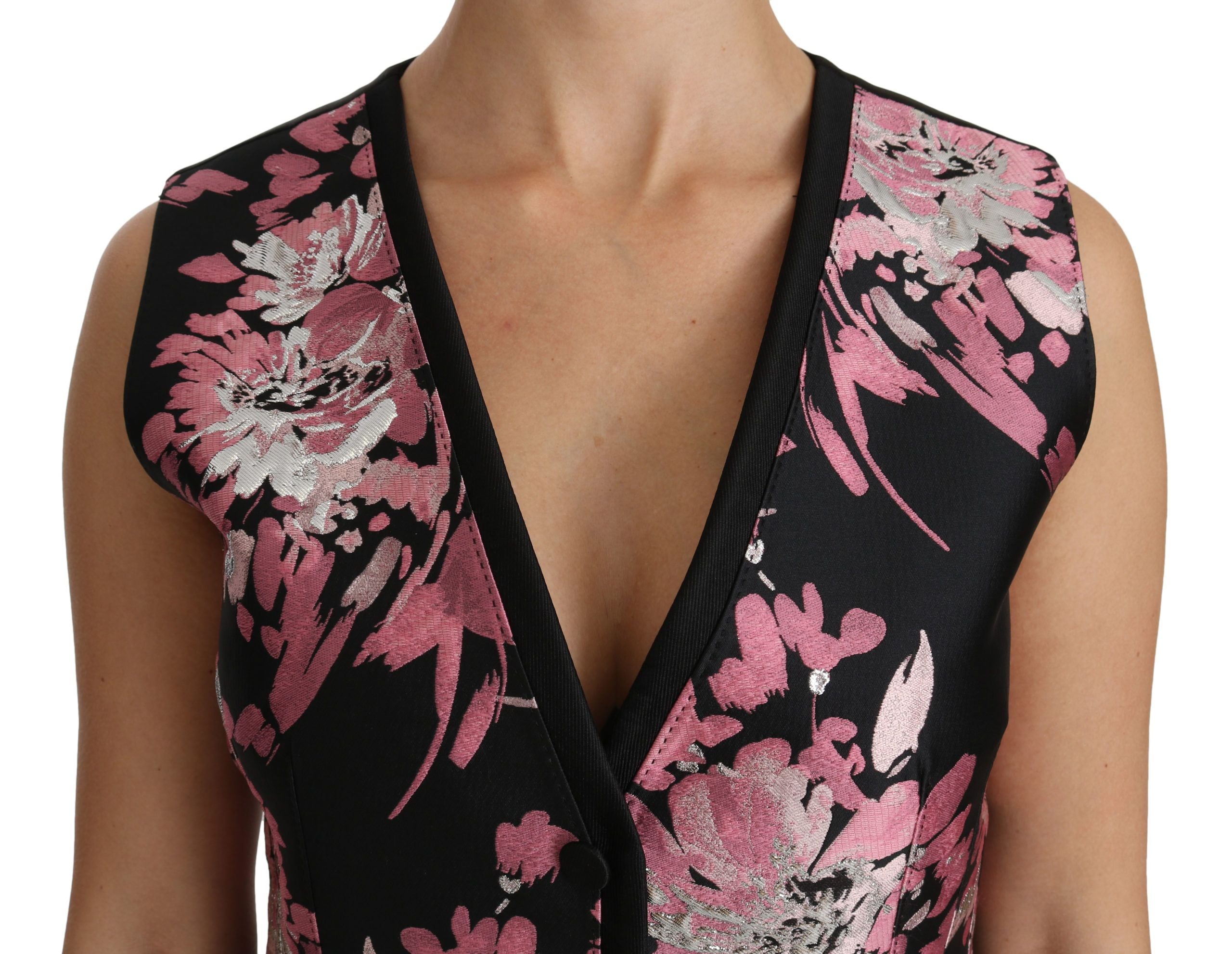 Dolce &amp; Gabbana Black Pink Floral Vest Waistcoat Blouse Top