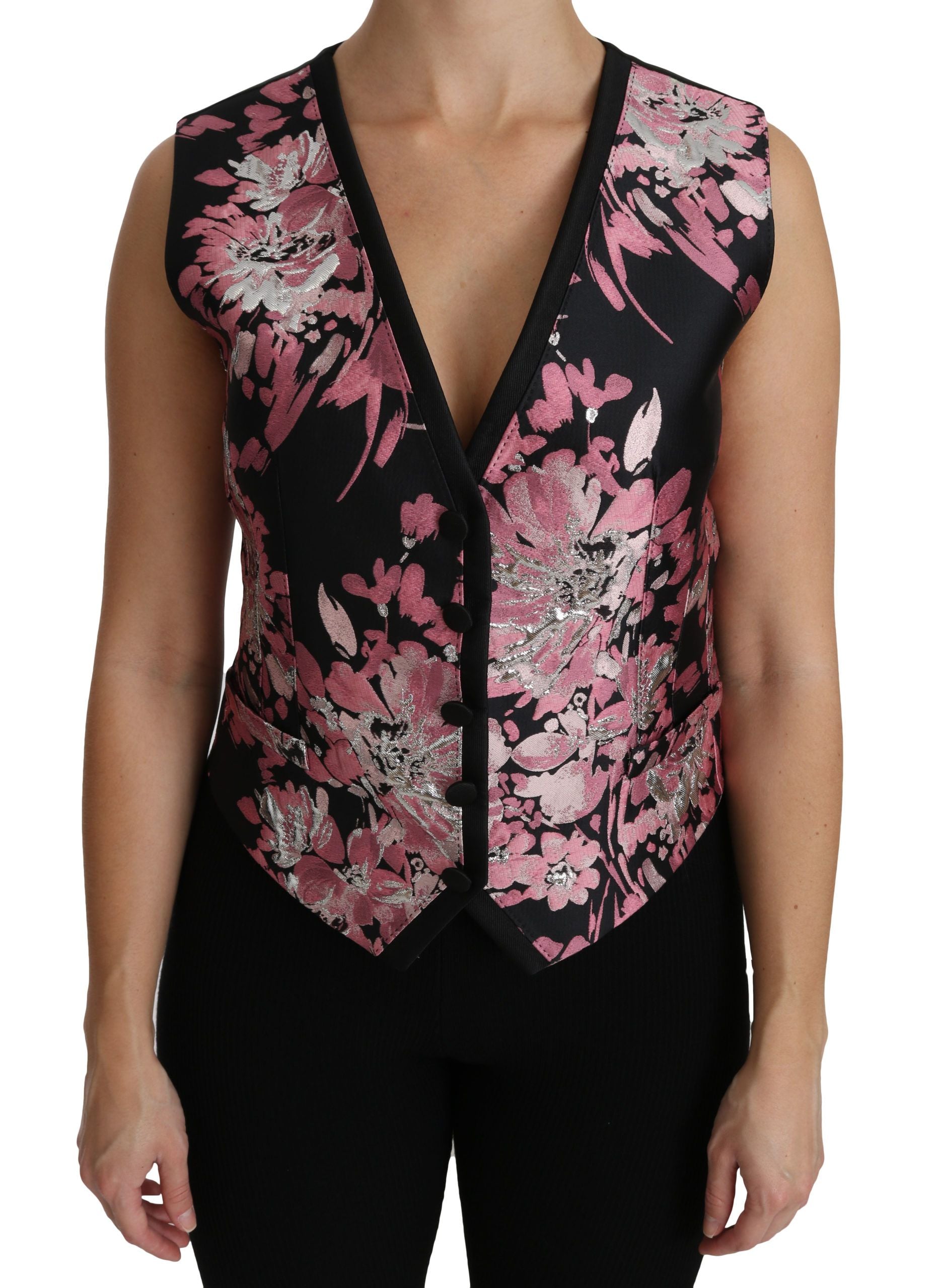 Dolce &amp; Gabbana Black Pink Floral Vest Waistcoat Blouse Top