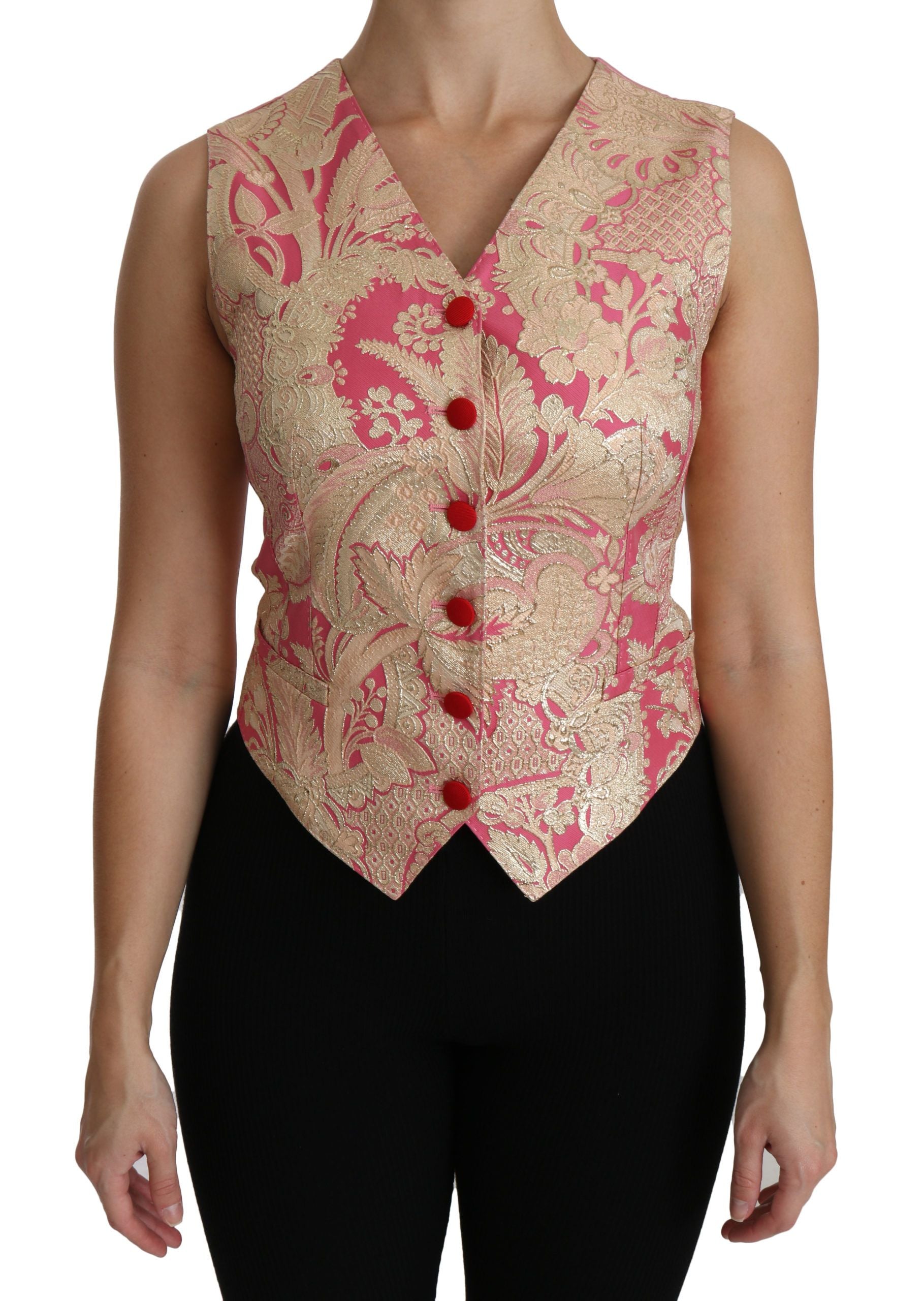 Dolce &amp; Gabbana Pink Gold Brocade Vest Blouse Top