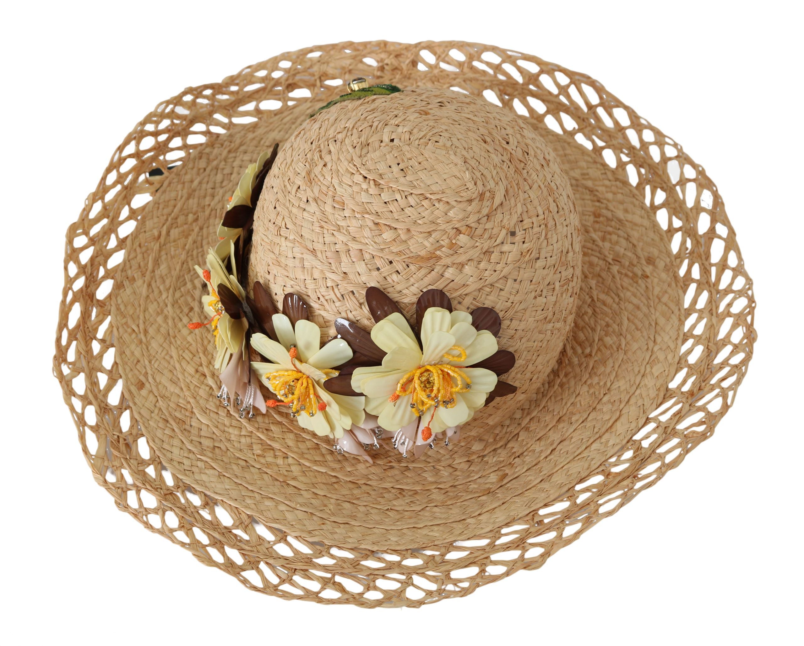 Dolce &amp; Gabbana Beige Wide Brim Floral Bucket Capello Hat