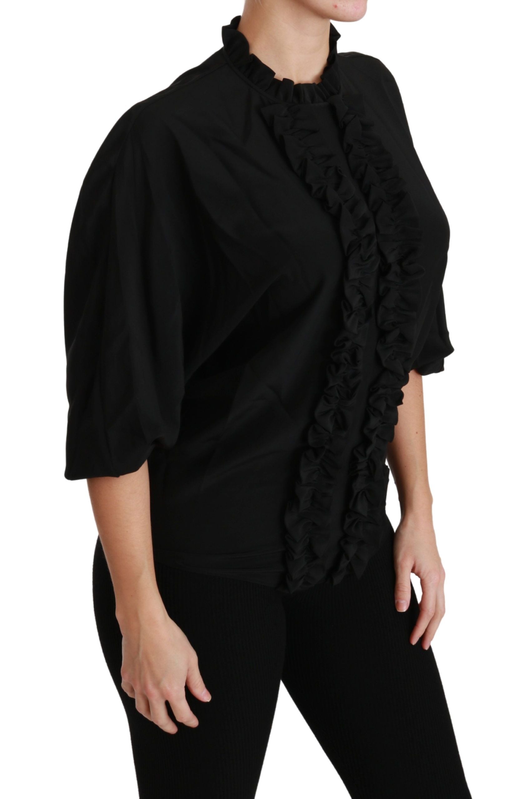 Dolce &amp; Gabbana Black Silk Shirt Ruched Top Blouse