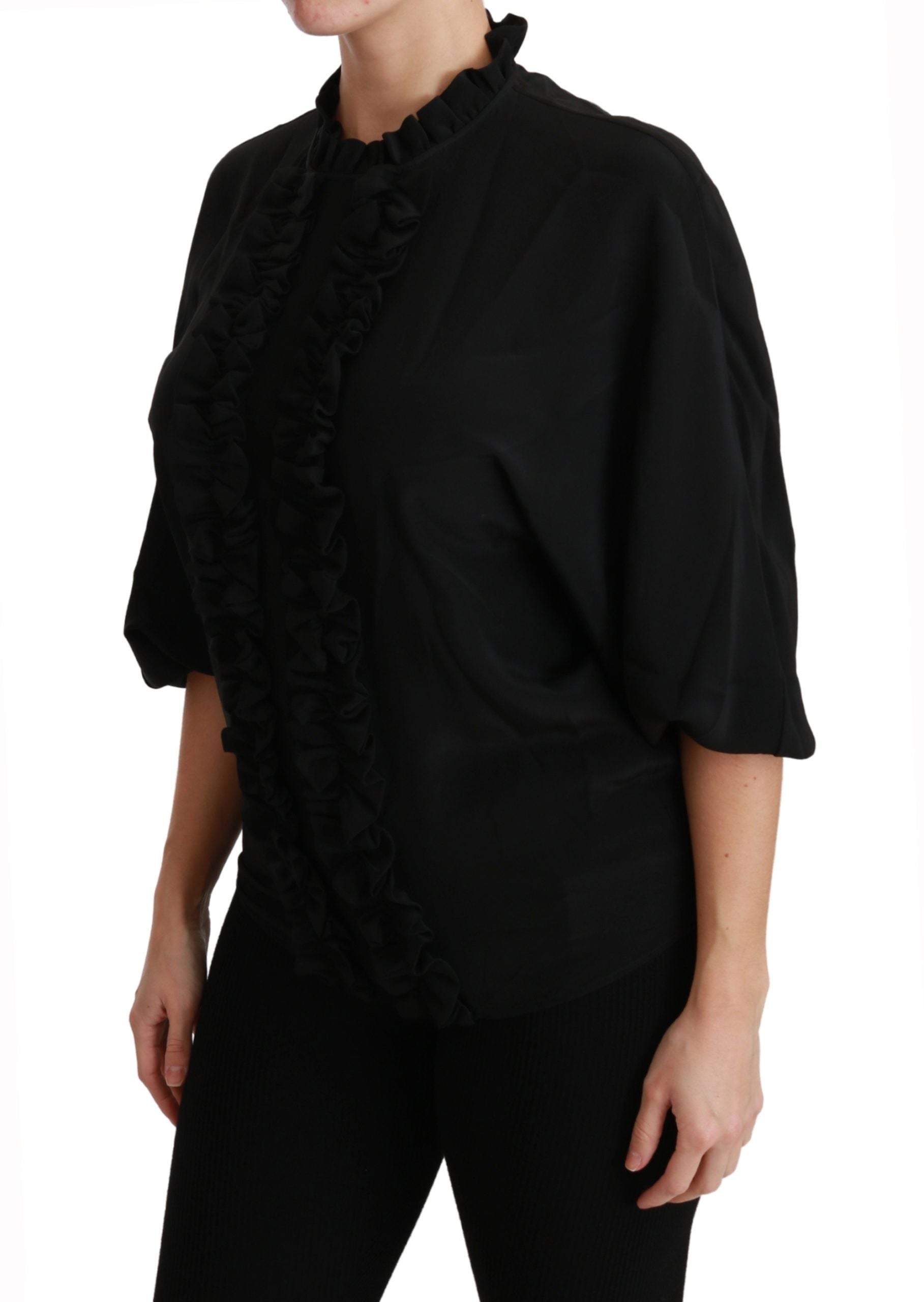 Dolce &amp; Gabbana Black Silk Shirt Ruched Top Blouse