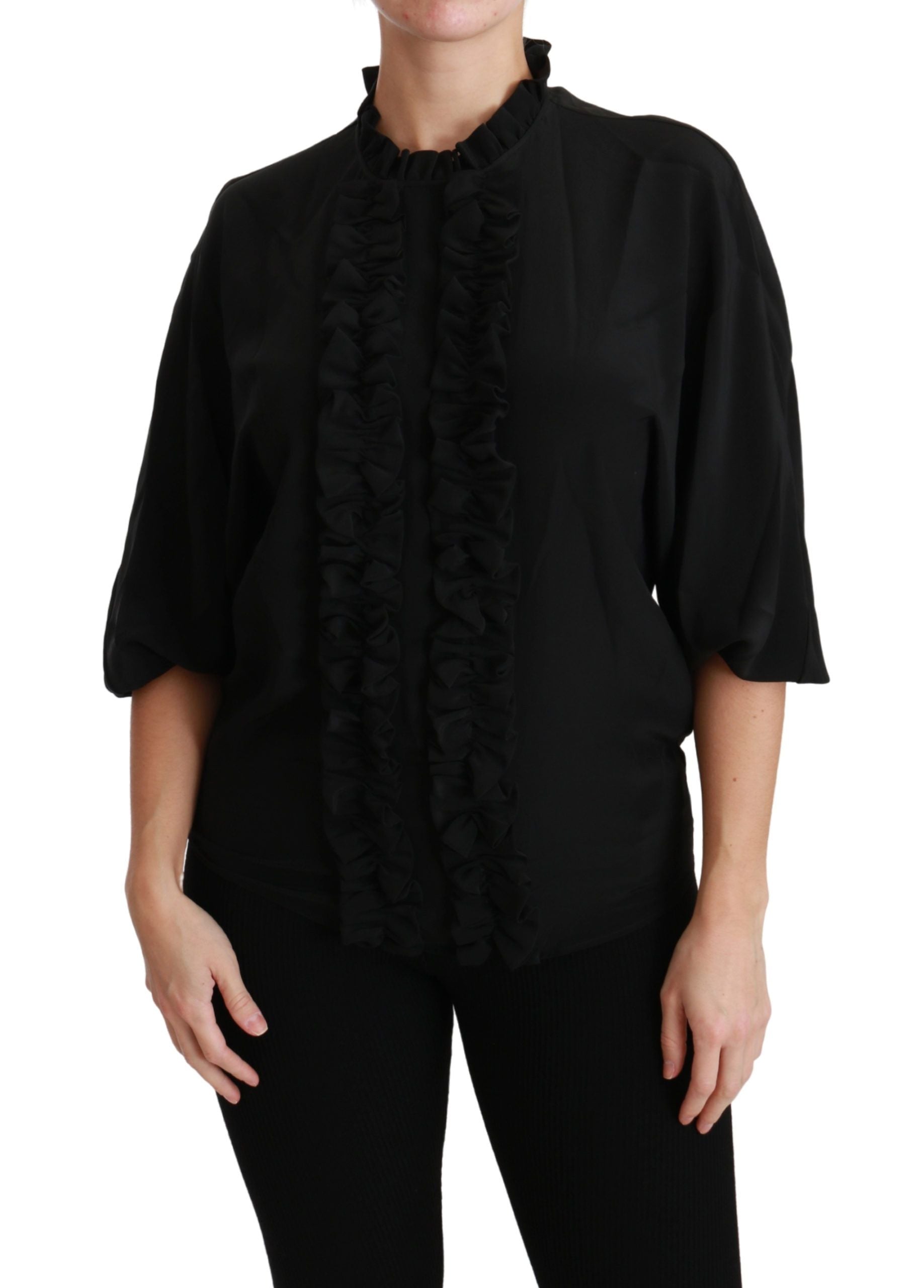 Dolce &amp; Gabbana Black Silk Shirt Ruched Top Blouse