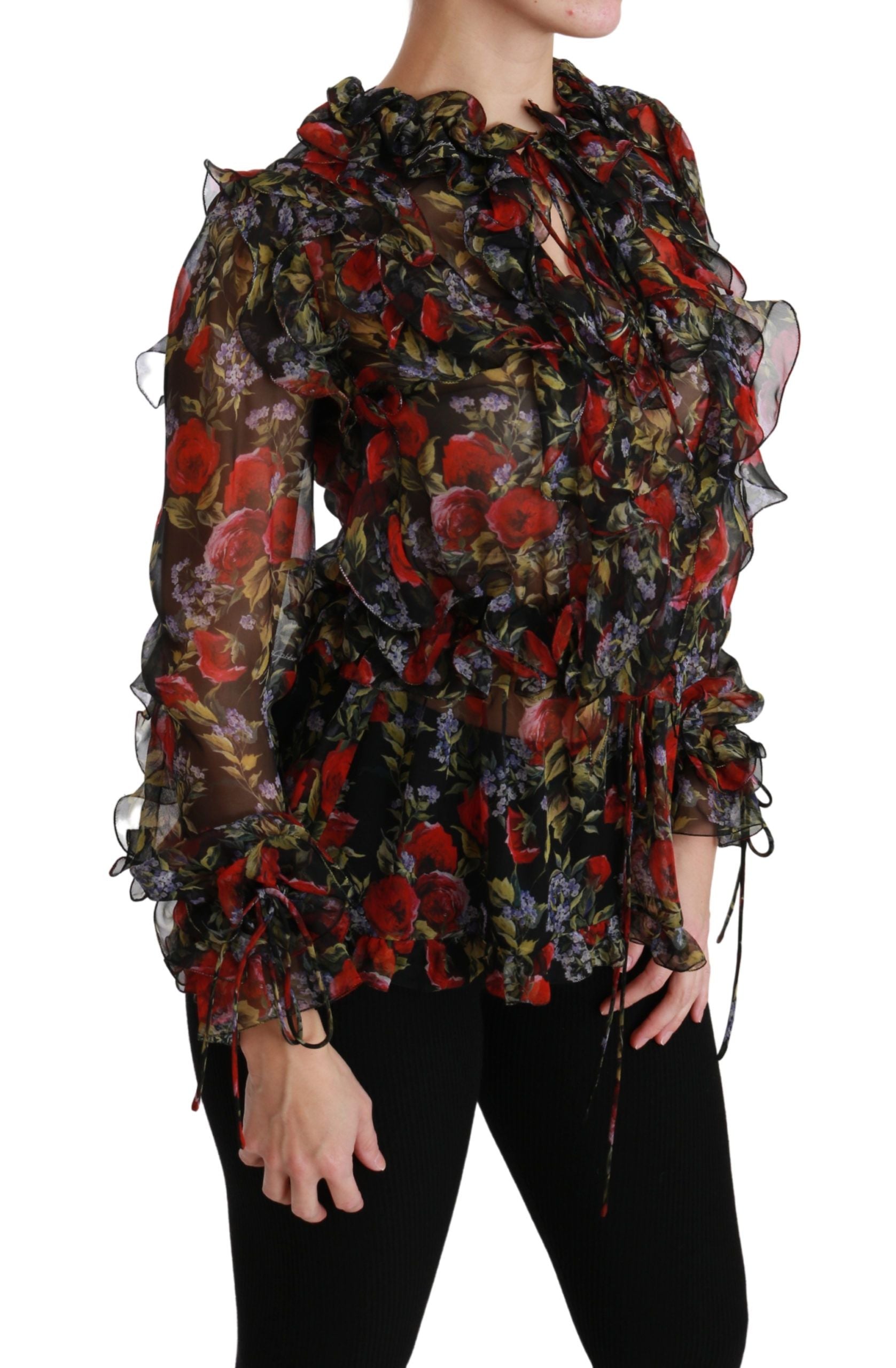 Dolce &amp; Gabbana Black Floral Rose Silk Blouse Top