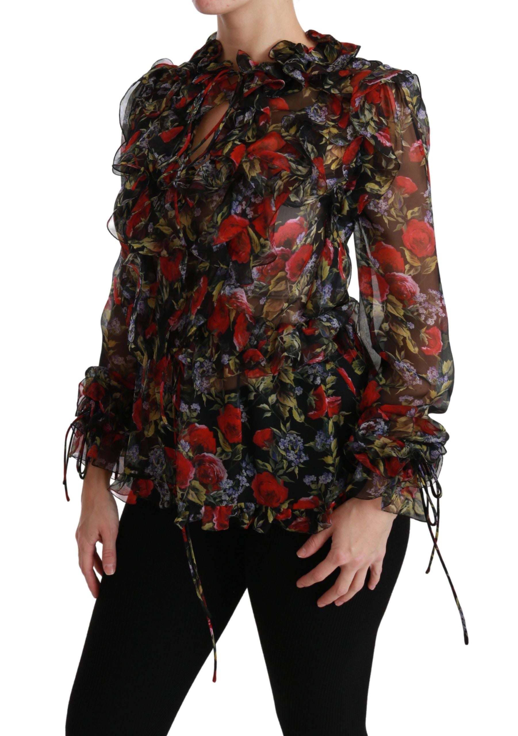 Dolce &amp; Gabbana Black Floral Rose Silk Blouse Top