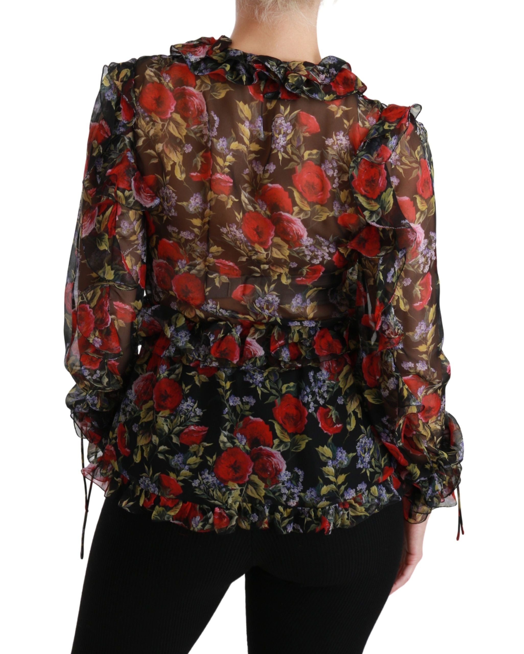 Dolce &amp; Gabbana Black Floral Rose Silk Blouse Top