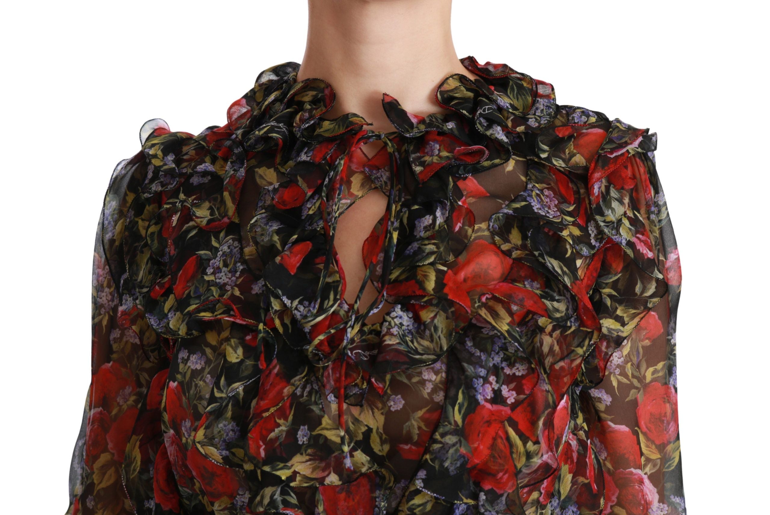 Dolce &amp; Gabbana Black Floral Rose Silk Blouse Top
