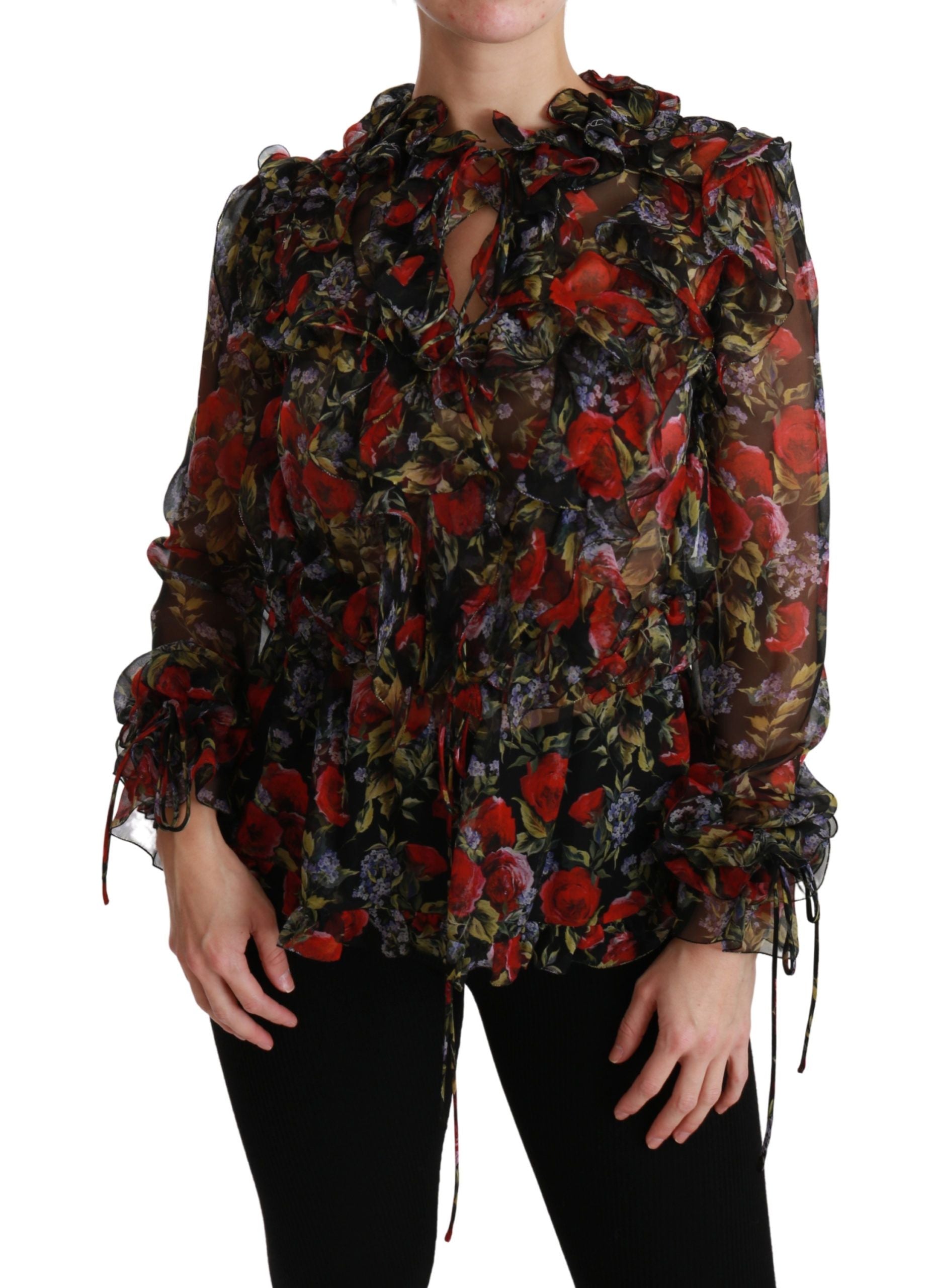 Dolce &amp; Gabbana Black Floral Rose Silk Blouse Top