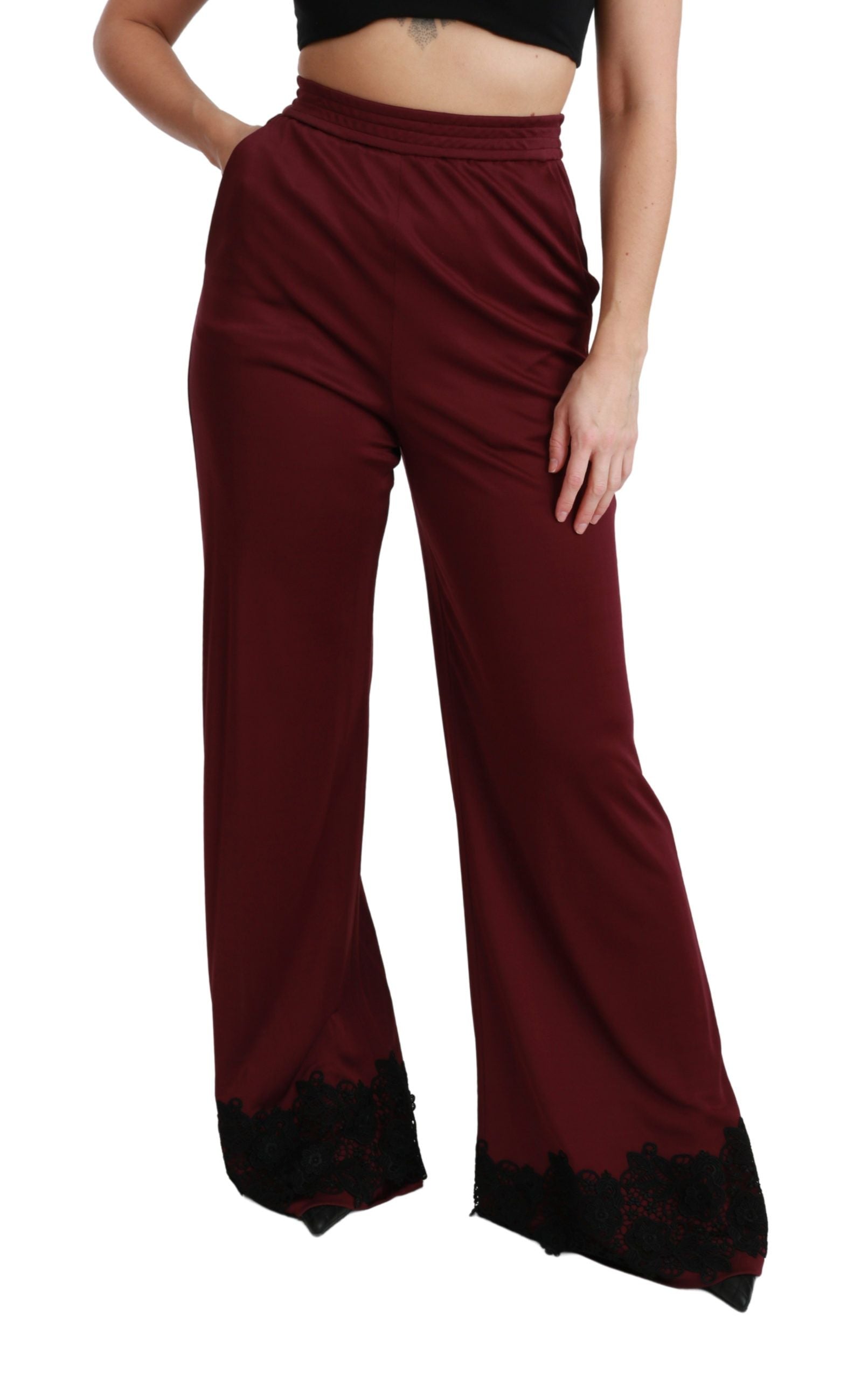 Dolce &amp; Gabbana Black high-waisted wide-leg lace trousers in maroon