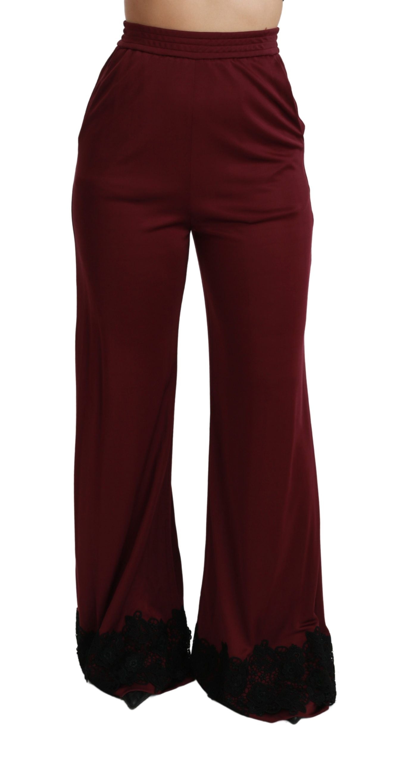 Dolce &amp; Gabbana Black high-waisted wide-leg lace trousers in maroon