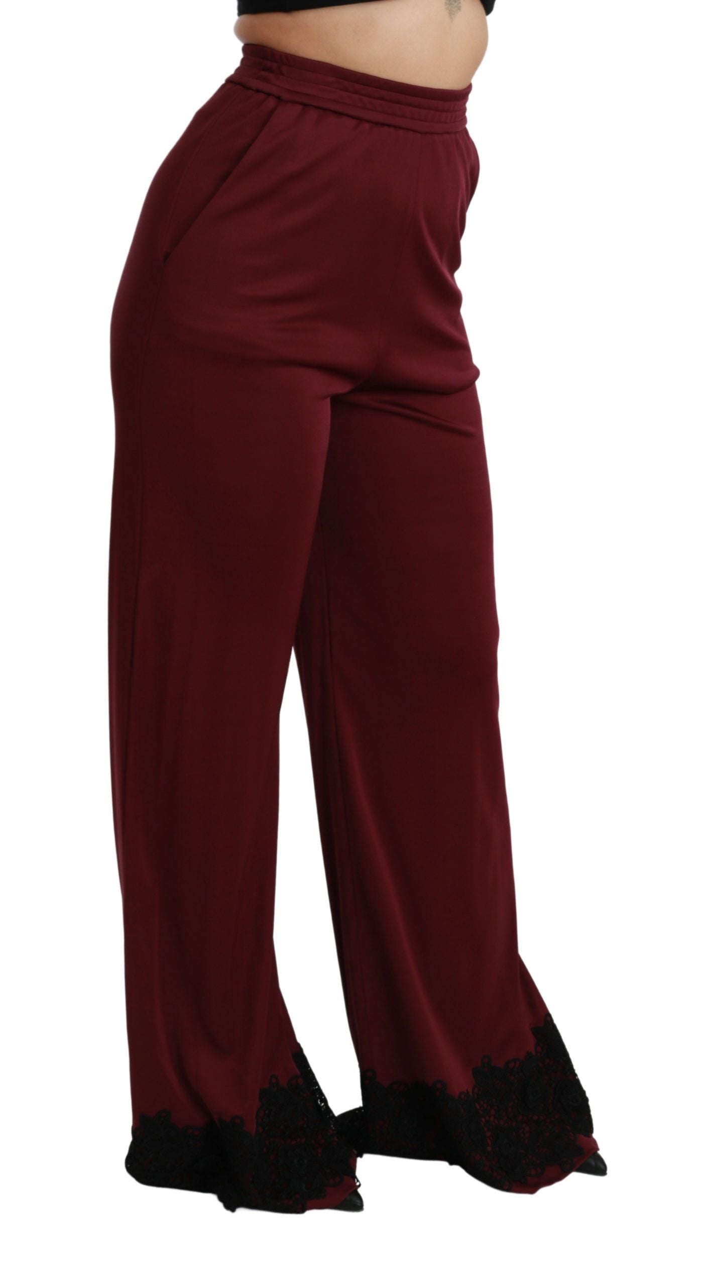 Dolce &amp; Gabbana Black high-waisted wide-leg lace trousers in maroon