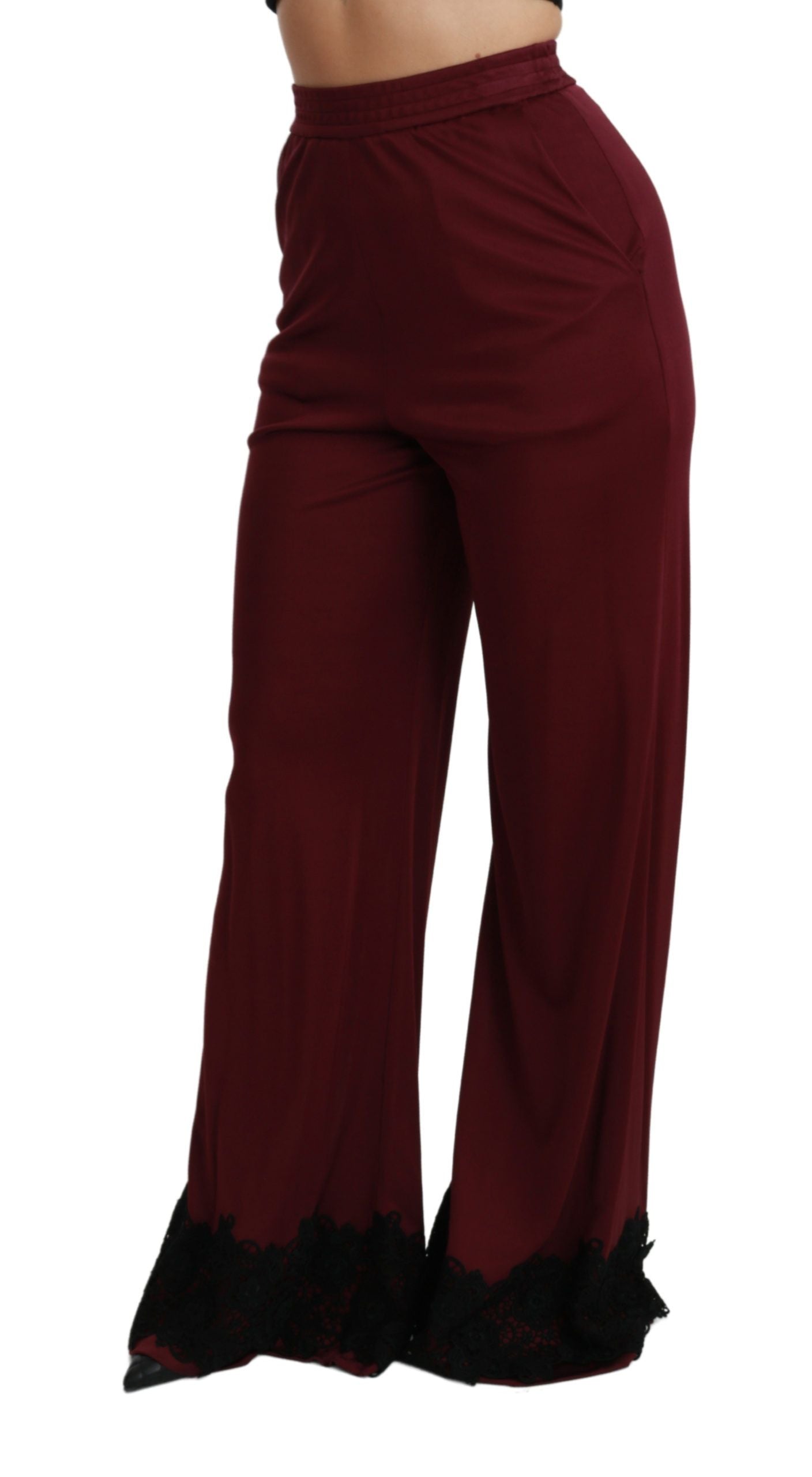 Dolce &amp; Gabbana Black high-waisted wide-leg lace trousers in maroon