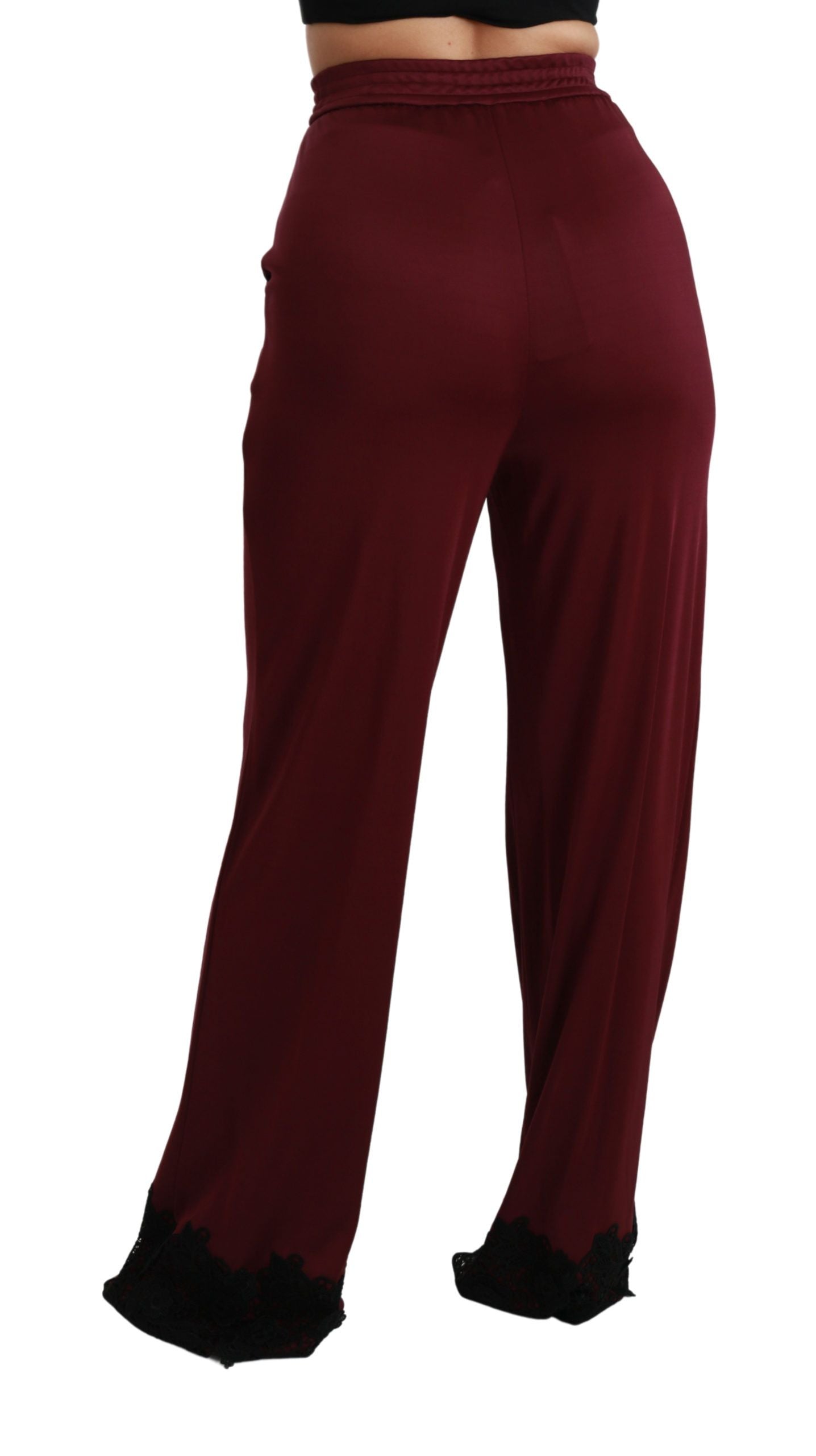 Dolce &amp; Gabbana Black high-waisted wide-leg lace trousers in maroon