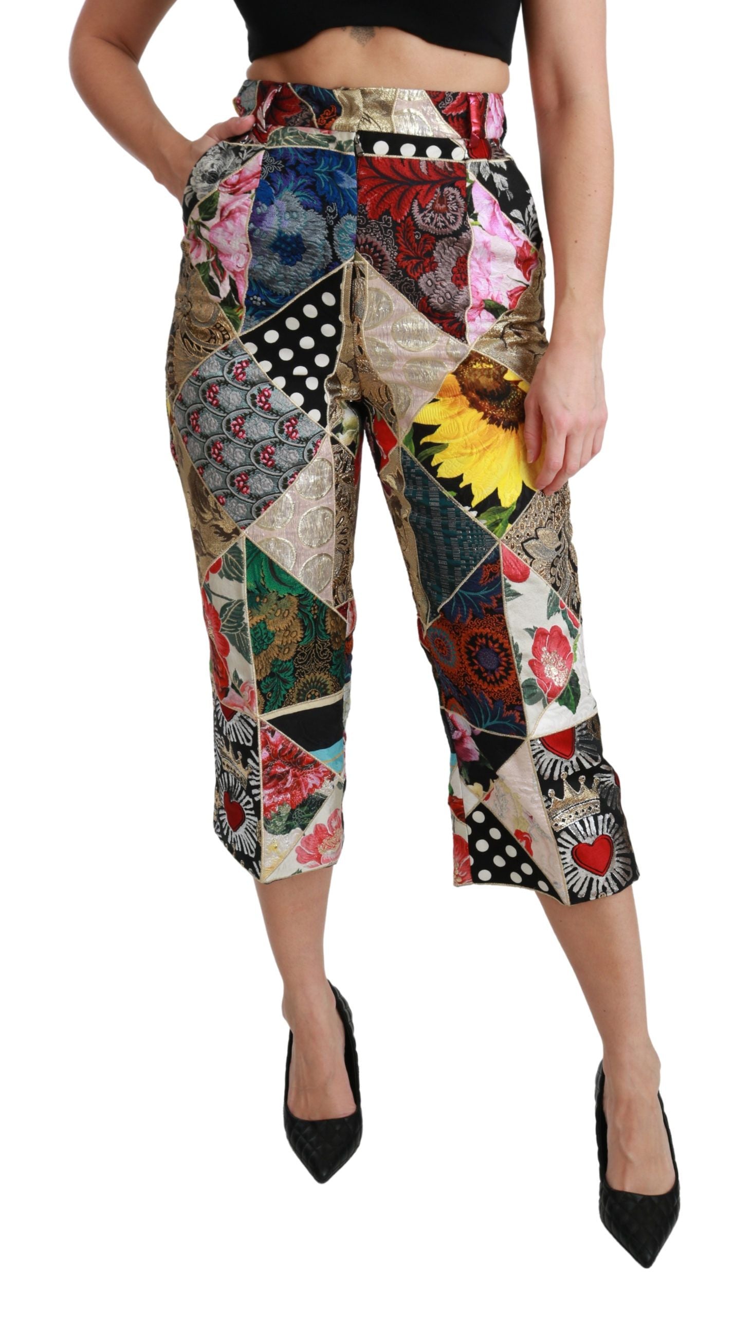 Dolce &amp; Gabbana multicolored printed silk high-waisted cropped trousers