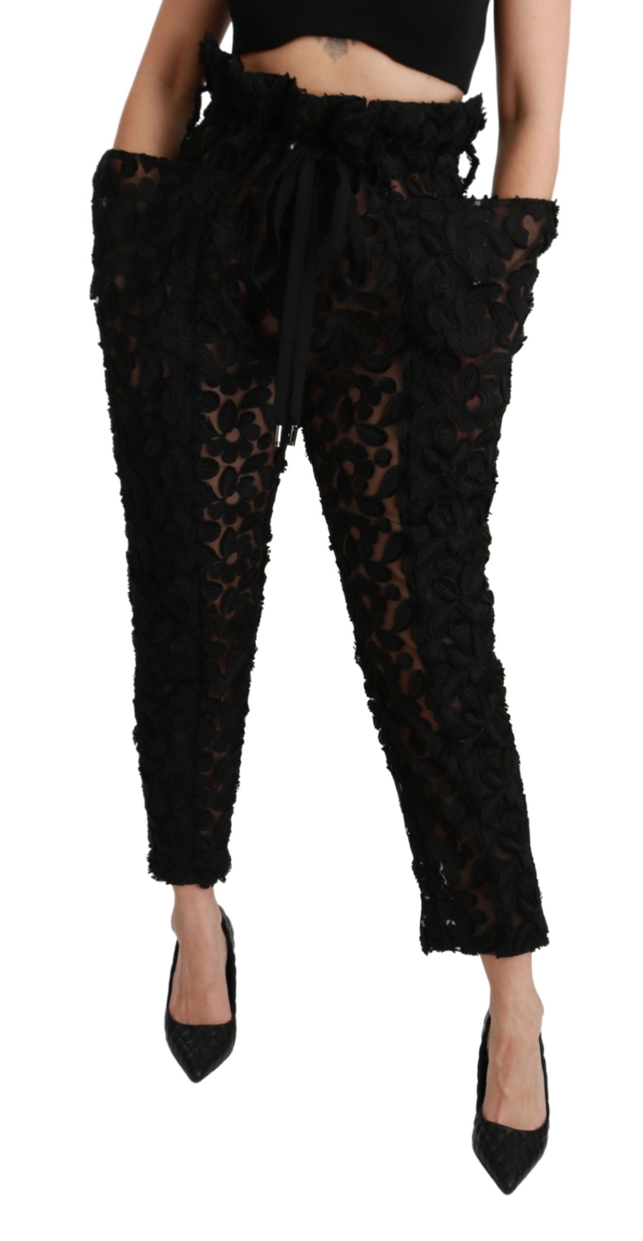 Dolce &amp; Gabbana Black floral tapered high-waisted trousers