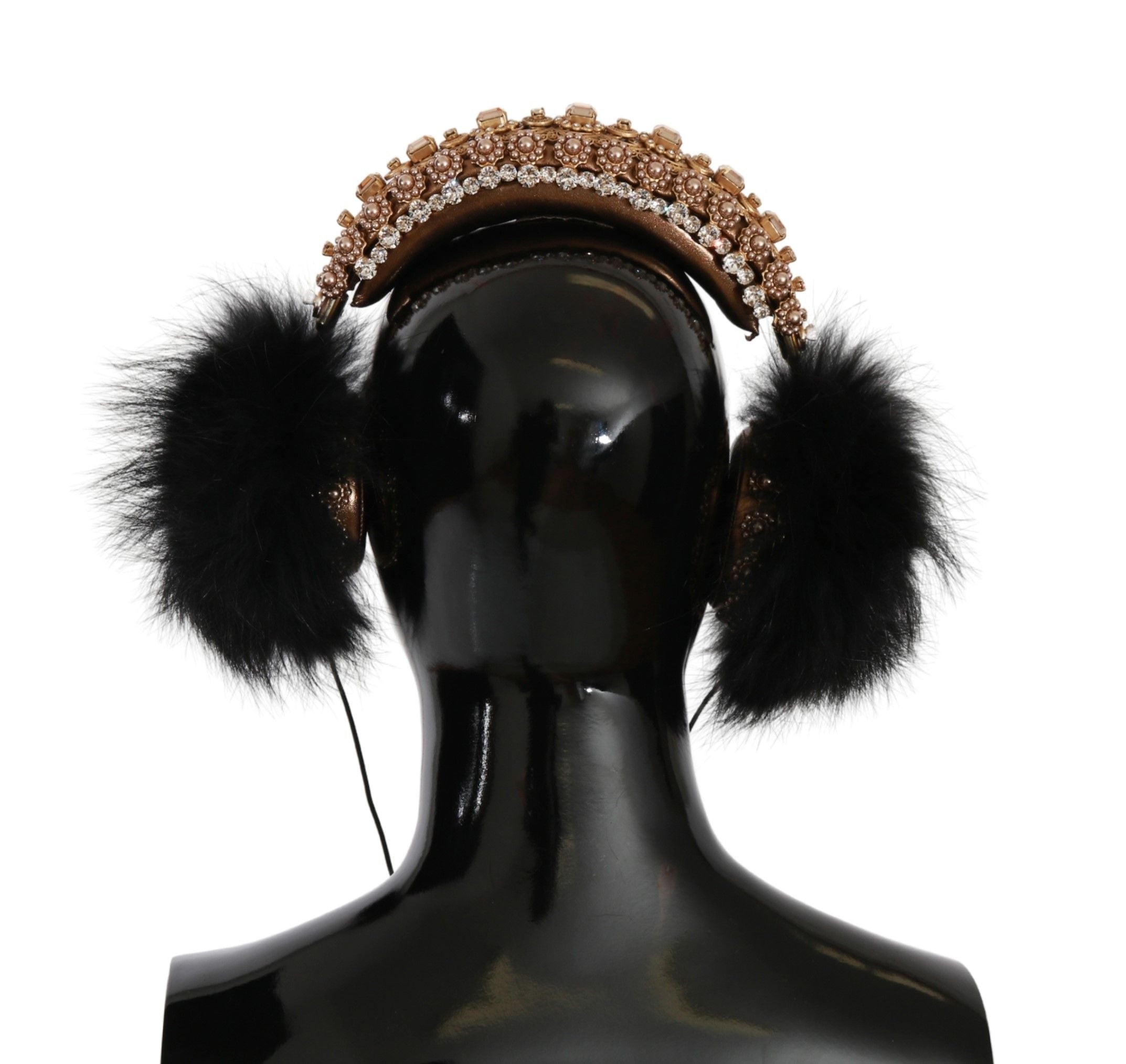 Dolce & Gabbana Gold Schwarz Kristall Pelz Headset Audio Kopfhörer