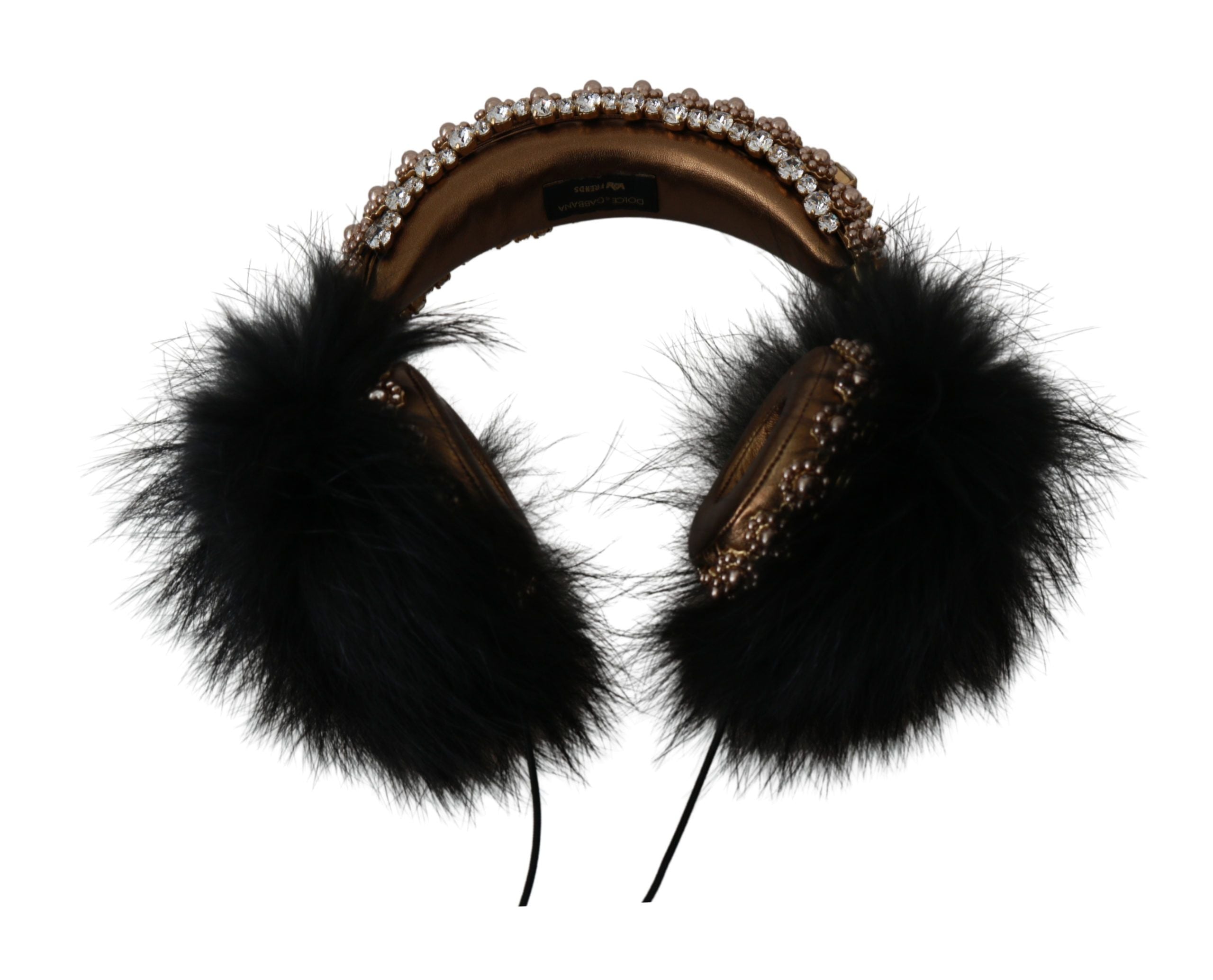 Dolce & Gabbana Gold Schwarz Kristall Pelz Headset Audio Kopfhörer