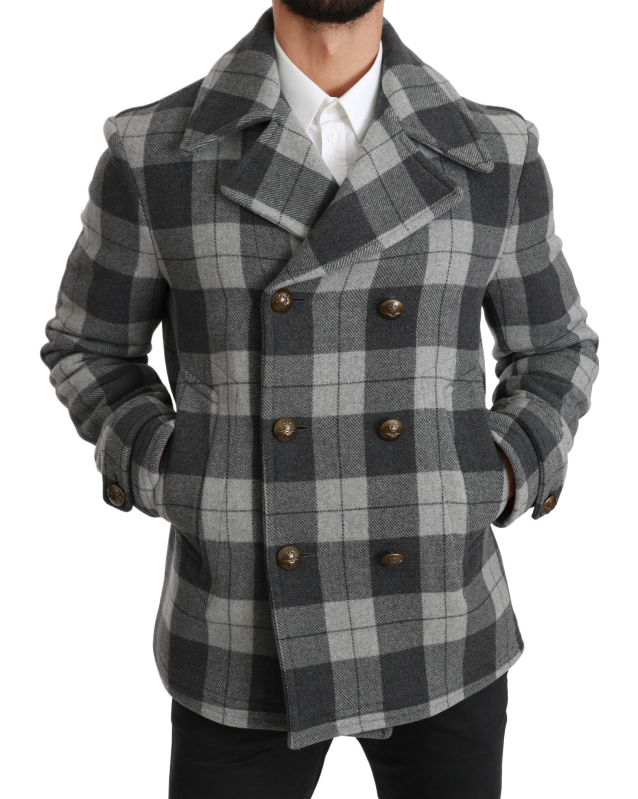 Dolce &amp; Gabbana Elegant gray checked double-breasted coat