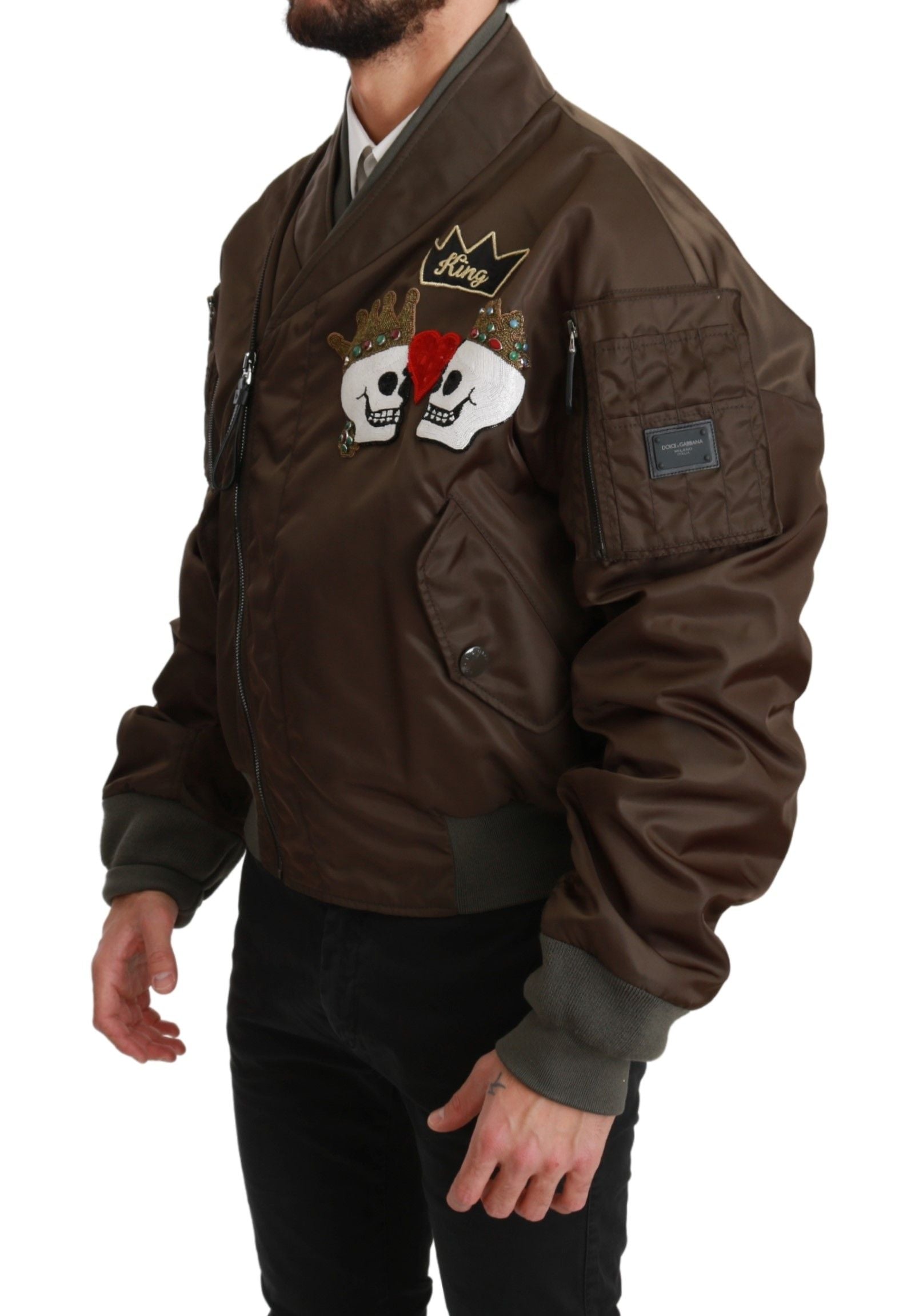 Dolce &amp; Gabbana Brown Pearl Crown Skull Logo Jacket