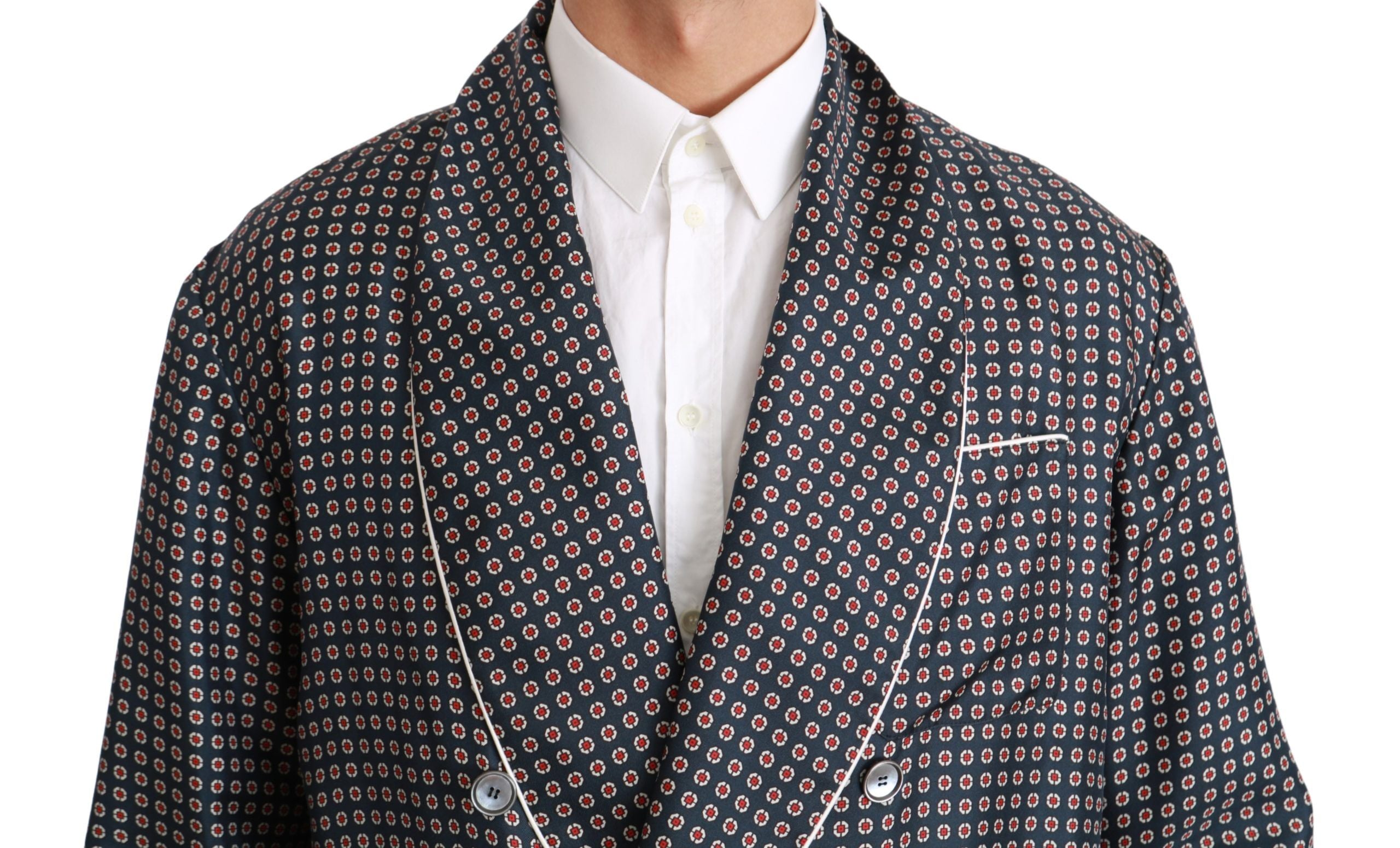 Dolce &amp; Gabbana navy blue patterned double-breasted coat jacket 