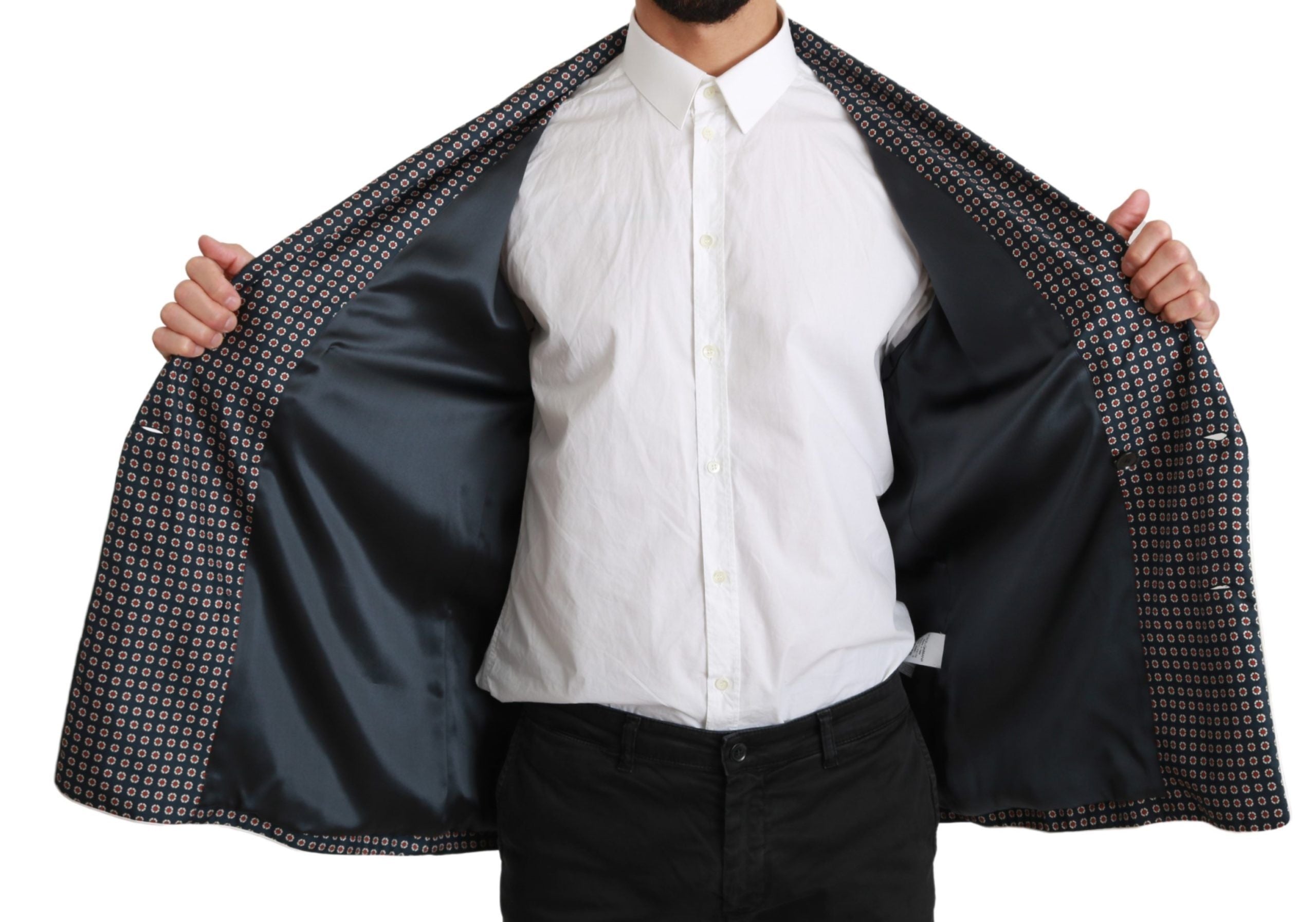 Dolce &amp; Gabbana navy blue patterned double-breasted coat jacket 