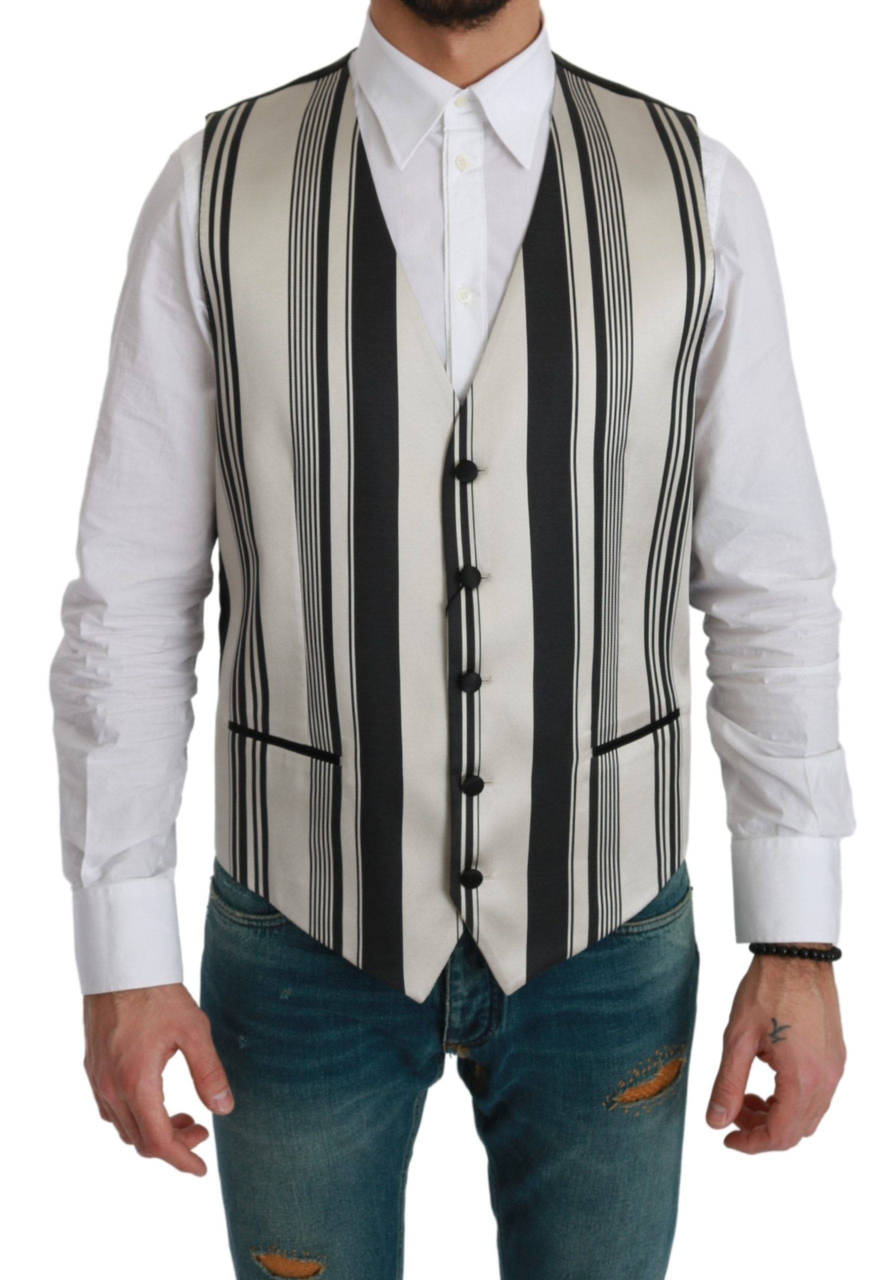 Dolce &amp; Gabbana White Black Striped Vest Formal Waistcoat 